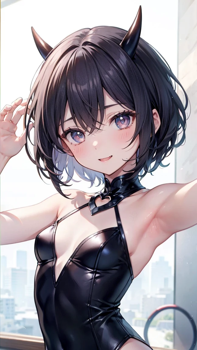 1girl, anime_coloring, black_eyes, black_gloves, brown_hair, choker, earrings, gloves, jewelry, letterboxed, parody, short_hair, smile, solo, style_parody,