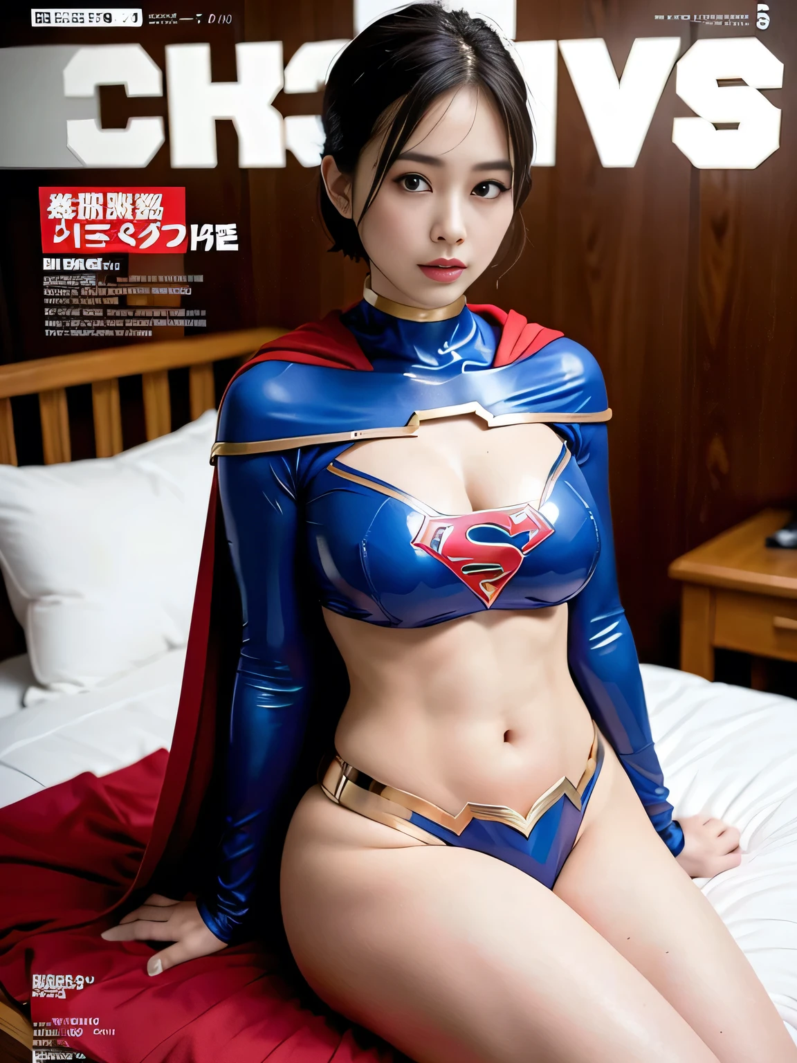 masterpiece、Rubber Supergirl Costume、Short Hair、Sitting on a hospital bed、Crisis situation、Big and ample breasts、looking at the camera、Shiny、Off the shoulder、choker、Long sleeve、exy poses to seduce、Sweaty skin、Model body type、Alluring、charm、Enchanting、Abused、test subject、victim、Wild、Photorealistic、latex、Expose your belly、athlete、High leg leotard、Photo magazine cover、Cape、Glamorous cleavage、barefoot、wallpaper for pc、