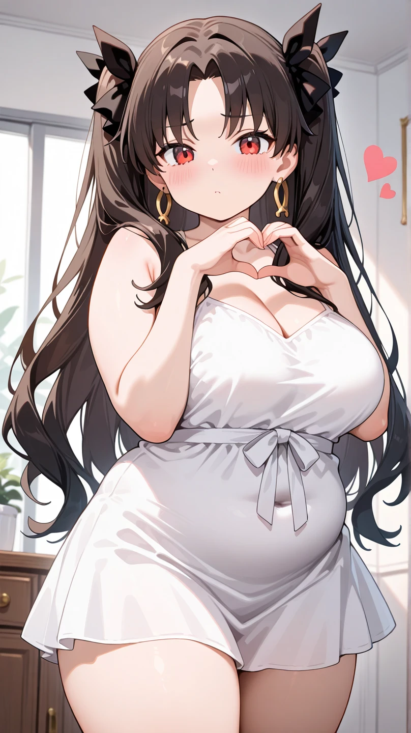 Sexy pregnant catgirl, cleavage, bunny ears, curly brown hair, tight strapless black dress, pregnant