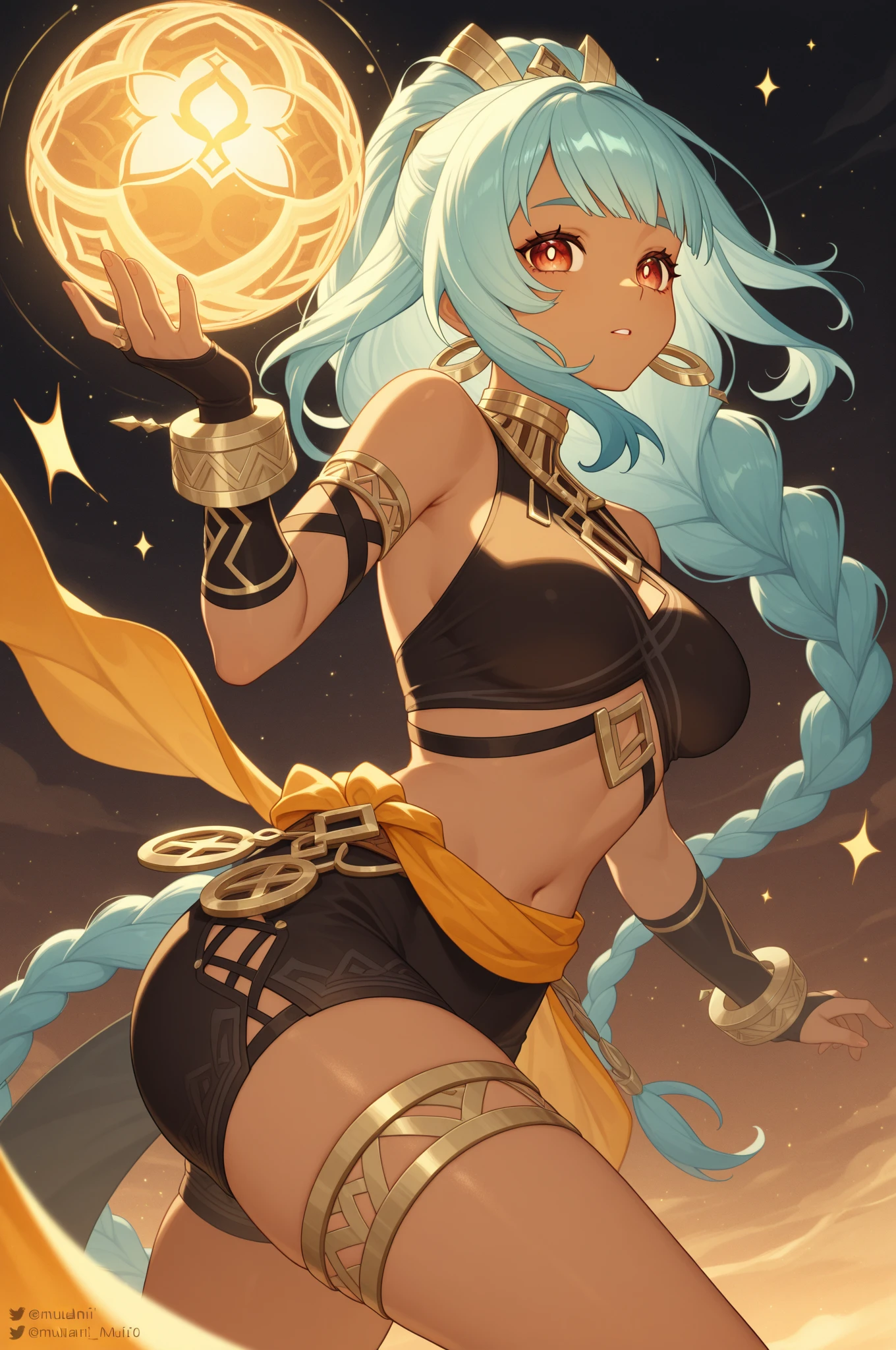 Miku Hatsune,Arabica, tanned skin, High Definition, kitsune ears, tribal tattoo, shy girl, Small breasts add_detail, fullbody view add_detail:1