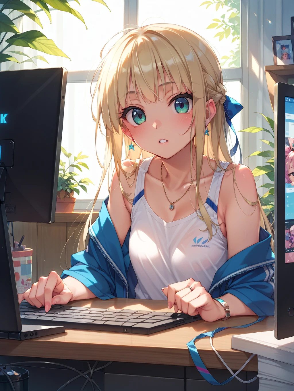 (highest quality:1.2, Very detailed, up to date, Vibrant, Ultra-high resolution, High Contrast, masterpiece:1.2, highest quality, Best aesthetics), Portraiture、girl、slim, Bright colors、Beautiful fine details、Beautiful lip detail、long hair, ((wavy hair:0.4))、messy hair, blonde and blue ((streaked hair:1.3)), highlights hair: 1.3, midium breast, (tan skin:1.3), 、tank top、playing PC game, looking at PC monitor on the desk in her room, siting chair, cowboy shot,