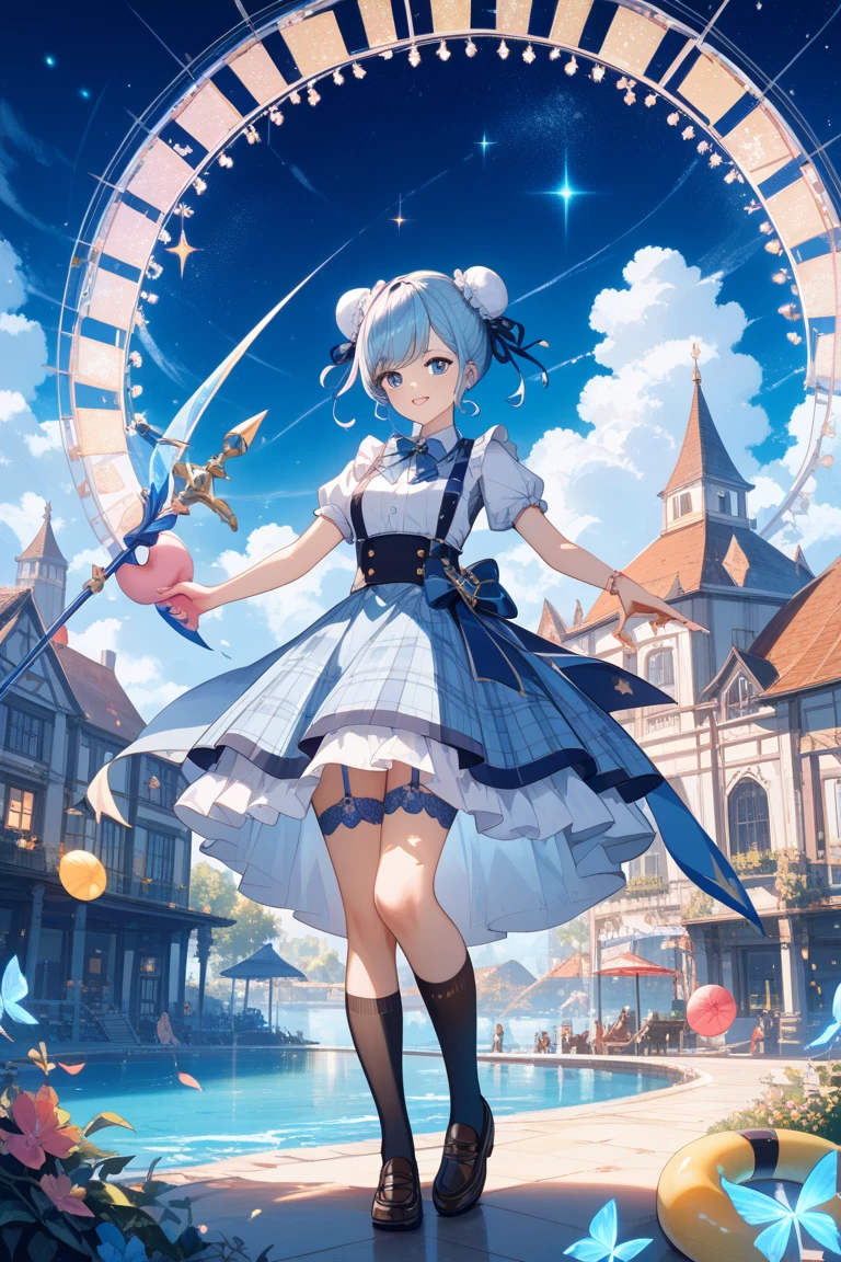 masterpiece, top quality, Magic Rim,  Fantasy World, mysterious, Particles of Light, anime style, high res, 8k, Super Detailed, Fantastic Scenery, float in the sky, night sky, star々、long blond bangs that are tactile in a bun with a large black ribbon、light blue blouse with blue and light blue stripes bow tie、dark blue, blue, and white tartan check miniskirt、Black Knee High Socks、Garter Belt、Black Loafers、spear in his right hand、I have a beginner's mark on my left hand