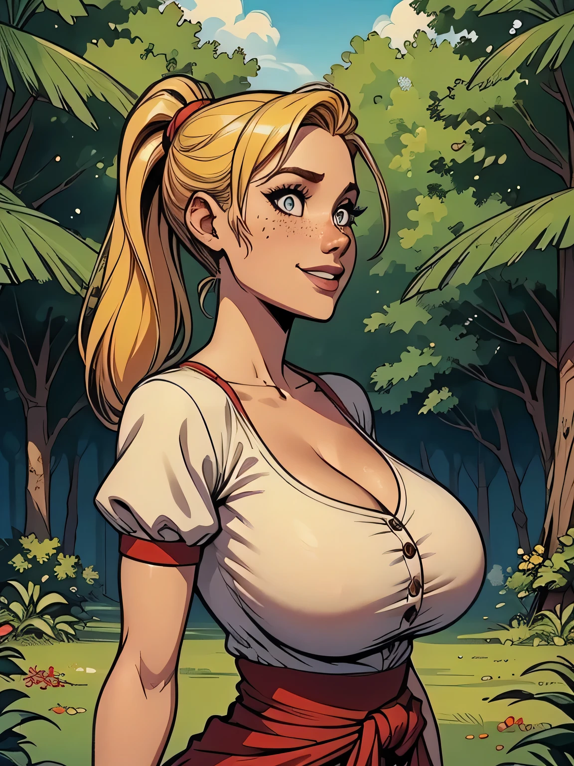 cute young girl, 1girl, 20 years old, petit, skinny, long blonde hair, braids, beautiful detailed big eyes, eyelashes beautiful detailed smile, busty, huge breasts, red tank top, jean shorts, photorealistic, 8k, highres, masterpiece, hyper detailed, cinematic lighting, vibrant colors, realistic skin texture