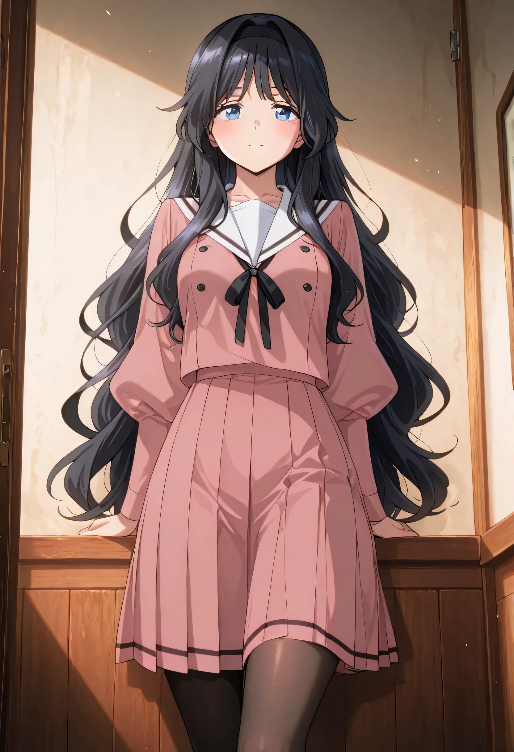 score_9 , score_8_up , score_7_up , source_anime detailed eyes,anime eyes,high detail eyes,multicolored iris,detailed iris,anime style, 4k masterpiece, best quality, girl, beautiful face, clean skin, shiny hair, shiny skin, beautiful face, perfect eyes, 4k high quality eyes, high quality brightness, best quality, 4k very aesthetic, absurd, perfect body quality, beautiful curves, perfect, perfect genitals, beautiful ambient light, beautiful aesthetics, very realistic scenery, 4k high quality, masterpiece, best quality, absurd, latest, high resolution, official art, best quality, absurd, latest, high resolution, official art, screenshot, anime screenshot, anime coloring, 1girl kaoruko waguri, long hair, blue eyes, black hair, very long hair, sidelocks, hairband, wavy hair, hair intakes, black hairband, mature female, medium breasts, anime screencap, shirt, skirt, long sleeves, ribbon, pantyhose, pleated skirt, serafuku, puffy sleeves, sailor collar, black pantyhose, neck ribbon, black ribbon, pink skirt, white sailor collar, pink shirt,