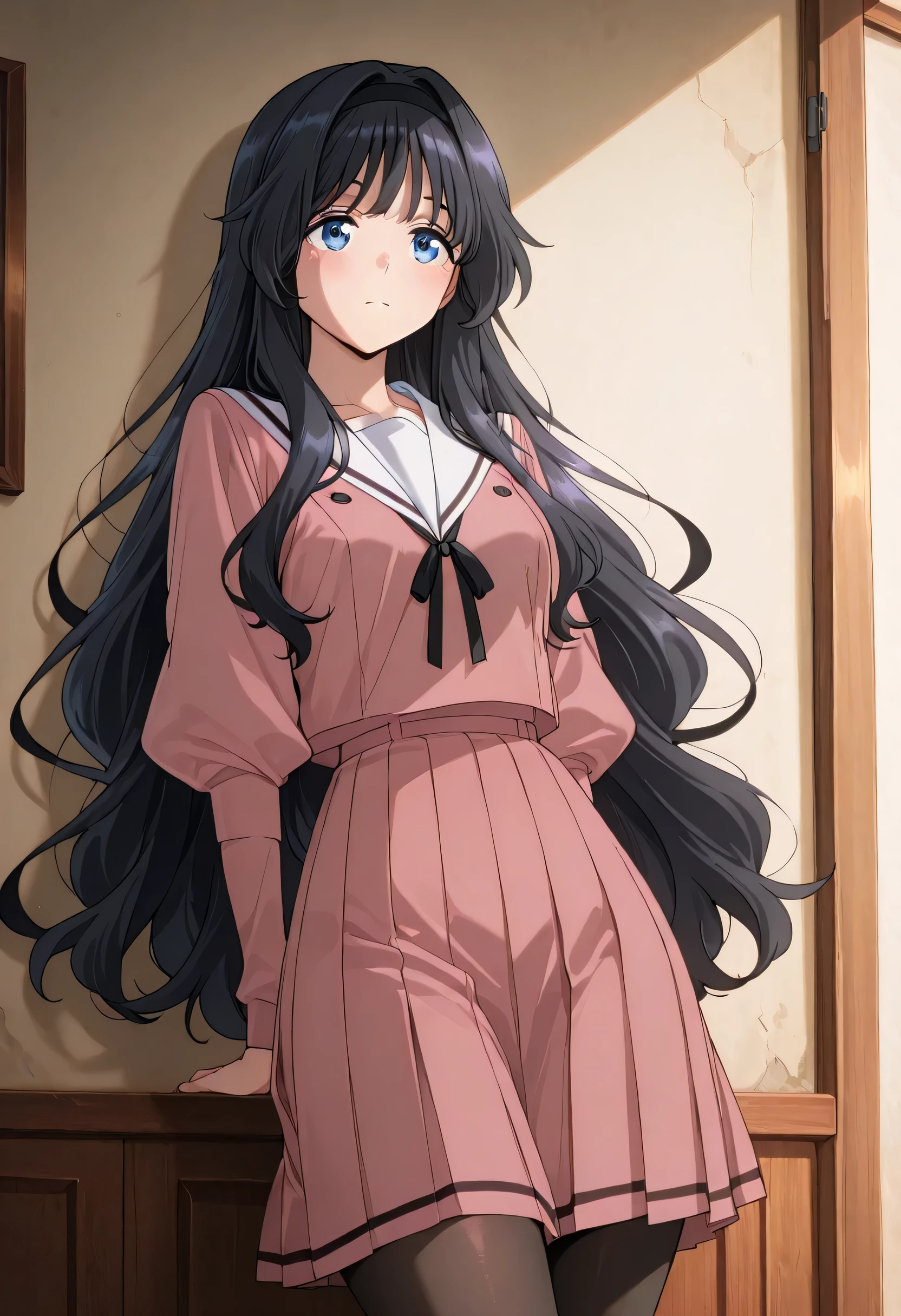 score_9 , score_8_up , score_7_up , source_anime detailed eyes,anime eyes,high detail eyes,multicolored iris,detailed iris,anime style, 4k masterpiece, best quality, girl, beautiful face, clean skin, shiny hair, shiny skin, beautiful face, perfect eyes, 4k high quality eyes, high quality brightness, best quality, 4k very aesthetic, absurd, perfect body quality, beautiful curves, perfect, perfect genitals, beautiful ambient light, beautiful aesthetics, very realistic scenery, 4k high quality, masterpiece, best quality, absurd, latest, high resolution, official art, best quality, absurd, latest, high resolution, official art, screenshot, anime screenshot, anime coloring, 1girl kaoruko waguri, long hair, blue eyes, black hair, very long hair, sidelocks, hairband, wavy hair, hair intakes, black hairband, mature female, medium breasts, anime screencap, shirt, skirt, long sleeves, ribbon, pantyhose, pleated skirt, serafuku, puffy sleeves, sailor collar, black pantyhose, neck ribbon, black ribbon, pink skirt, white sailor collar, pink shirt,