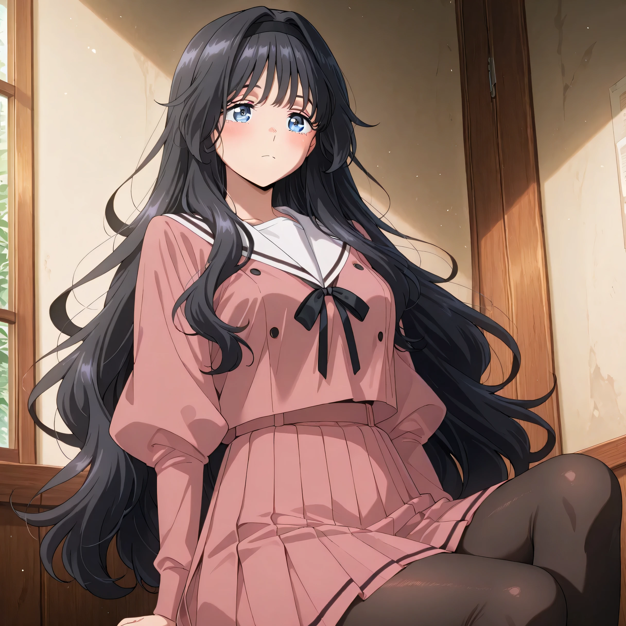 score_9 , score_8_up , score_7_up , source_anime detailed eyes,anime eyes,high detail eyes,multicolored iris,detailed iris,anime style, 4k masterpiece, best quality, girl, beautiful face, clean skin, shiny hair, shiny skin, beautiful face, perfect eyes, 4k high quality eyes, high quality brightness, best quality, 4k very aesthetic, absurd, perfect body quality, beautiful curves, perfect, perfect genitals, beautiful ambient light, beautiful aesthetics, very realistic scenery, 4k high quality, masterpiece, best quality, absurd, latest, high resolution, official art, best quality, absurd, latest, high resolution, official art, screenshot, anime screenshot, anime coloring, 1girl kaoruko waguri, long hair, blue eyes, black hair, very long hair, sidelocks, hairband, wavy hair, hair intakes, black hairband, mature female, medium breasts, anime screencap, shirt, skirt, long sleeves, ribbon, pantyhose, pleated skirt, serafuku, puffy sleeves, sailor collar, black pantyhose, neck ribbon, black ribbon, pink skirt, white sailor collar, pink shirt,
