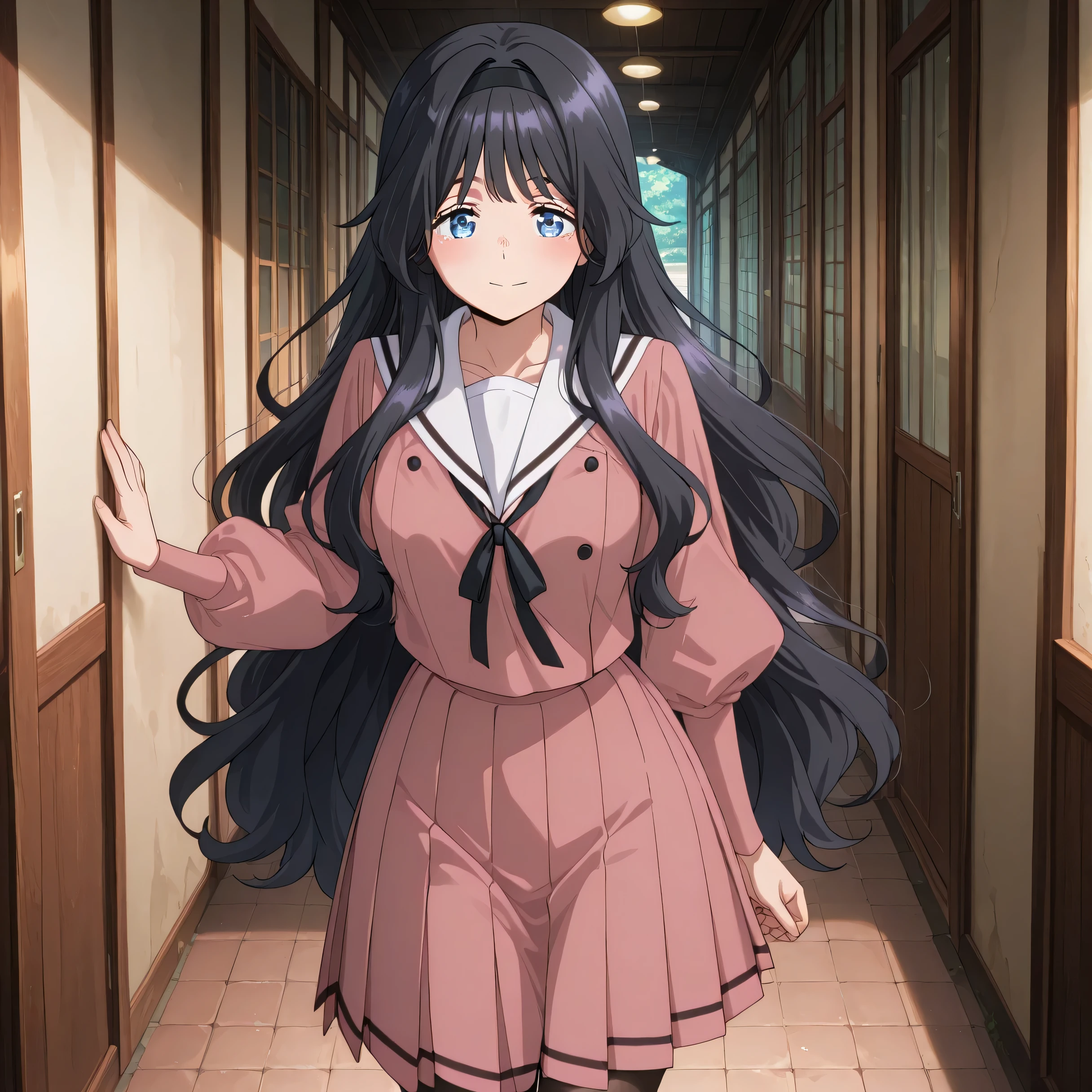 score_9 , score_8_up , score_7_up , source_anime detailed eyes,anime eyes,high detail eyes,multicolored iris,detailed iris,anime style, 4k masterpiece, best quality, girl, beautiful face, clean skin, shiny hair, shiny skin, beautiful face, perfect eyes, 4k high quality eyes, high quality brightness, best quality, 4k very aesthetic, absurd, perfect body quality, beautiful curves, perfect, perfect genitals, beautiful ambient light, beautiful aesthetics, very realistic scenery, 4k high quality, masterpiece, best quality, absurd, latest, high resolution, official art, best quality, absurd, latest, high resolution, official art, screenshot, anime screenshot, anime coloring, 1girl kaoruko waguri, long hair, blue eyes, black hair, very long hair, sidelocks, hairband, wavy hair, hair intakes, black hairband, mature female, medium breasts, anime screencap, shirt, skirt, long sleeves, ribbon, pantyhose, pleated skirt, serafuku, puffy sleeves, sailor collar, black pantyhose, neck ribbon, black ribbon, pink skirt, white sailor collar, pink shirt,