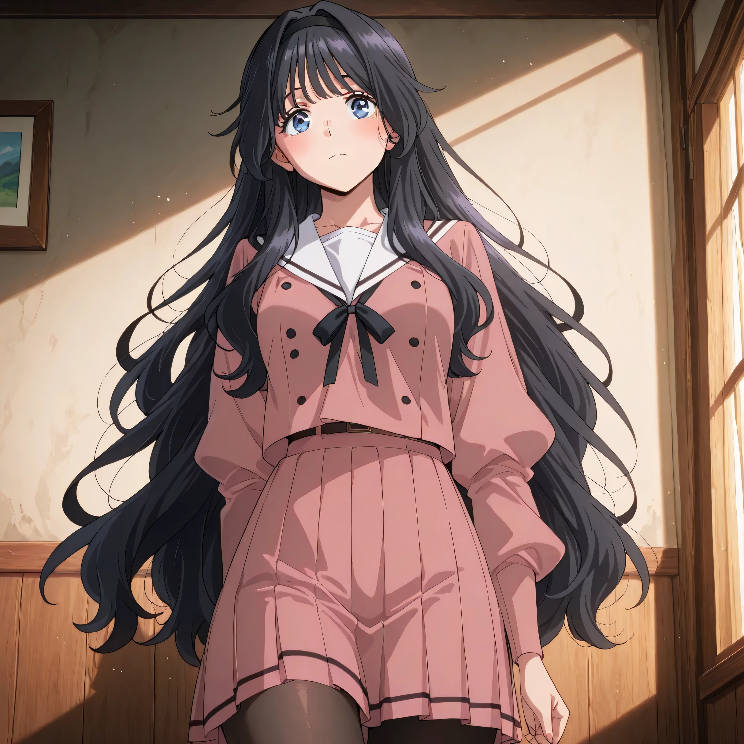 score_9 , score_8_up , score_7_up , source_anime detailed eyes,anime eyes,high detail eyes,multicolored iris,detailed iris,anime style, 4k masterpiece, best quality, girl, beautiful face, clean skin, shiny hair, shiny skin, beautiful face, perfect eyes, 4k high quality eyes, high quality brightness, best quality, 4k very aesthetic, absurd, perfect body quality, beautiful curves, perfect, perfect genitals, beautiful ambient light, beautiful aesthetics, very realistic scenery, 4k high quality, masterpiece, best quality, absurd, latest, high resolution, official art, best quality, absurd, latest, high resolution, official art, screenshot, anime screenshot, anime coloring, 1girl kaoruko waguri, long hair, blue eyes, black hair, very long hair, sidelocks, hairband, wavy hair, hair intakes, black hairband, mature female, medium breasts, anime screencap, shirt, skirt, long sleeves, ribbon, pantyhose, pleated skirt, serafuku, puffy sleeves, sailor collar, black pantyhose, neck ribbon, black ribbon, pink skirt, white sailor collar, pink shirt,