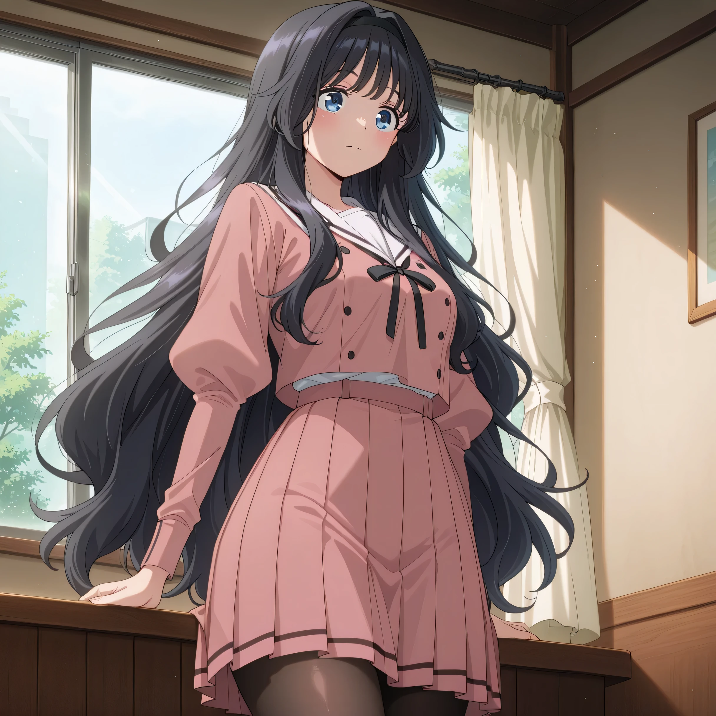 score_9 , score_8_up , score_7_up , source_anime detailed eyes,anime eyes,high detail eyes,multicolored iris,detailed iris,anime style, 4k masterpiece, best quality, girl, beautiful face, clean skin, shiny hair, shiny skin, beautiful face, perfect eyes, 4k high quality eyes, high quality brightness, best quality, 4k very aesthetic, absurd, perfect body quality, beautiful curves, perfect, perfect genitals, beautiful ambient light, beautiful aesthetics, very realistic scenery, 4k high quality, masterpiece, best quality, absurd, latest, high resolution, official art, best quality, absurd, latest, high resolution, official art, screenshot, anime screenshot, anime coloring, 1girl kaoruko waguri, long hair, blue eyes, black hair, very long hair, sidelocks, hairband, wavy hair, hair intakes, black hairband, mature female, medium breasts, anime screencap, shirt, skirt, long sleeves, ribbon, pantyhose, pleated skirt, serafuku, puffy sleeves, sailor collar, black pantyhose, neck ribbon, black ribbon, pink skirt, white sailor collar, pink shirt,