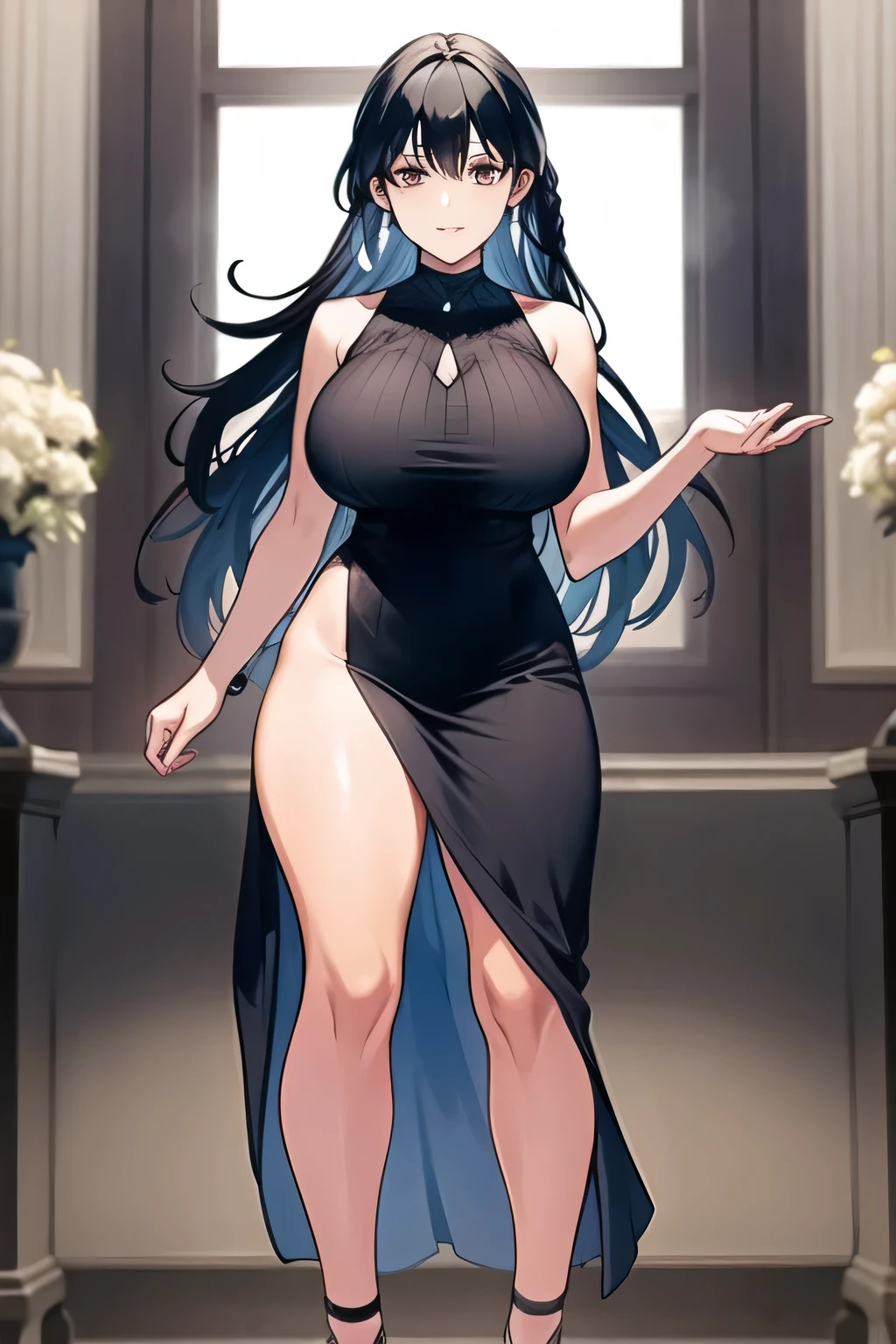 (high quality,Very detailed:1.37, High resolution), Woman, pokemoncynthia, large breasts, (very dark blue hair:1.5), hair over one eye, long hair, purple eyes, black coat, black dress, very long dress, skintight dress, coat, looking at viewer, masterpiece, best quality, (wetting herself:1.5), (embarrassed:1.5), (humiliation:1.5), (sweating:1.25), (blushing:1.5), (standing:1.5)