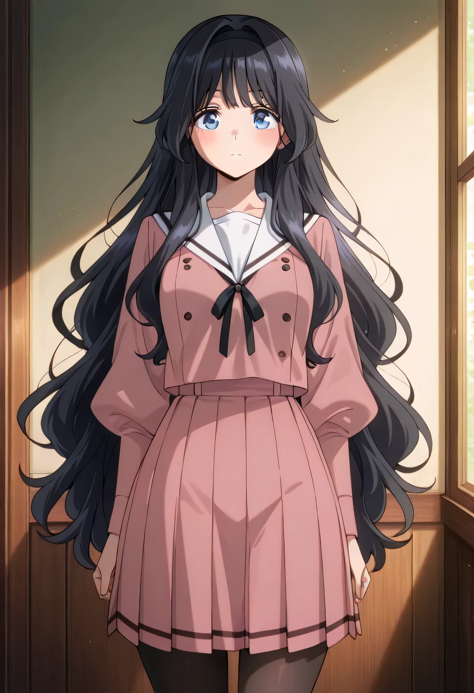 score_9 , score_8_up , score_7_up , source_anime detailed eyes,anime eyes,high detail eyes,multicolored iris,detailed iris,anime style, 4k masterpiece, best quality, girl, beautiful face, clean skin, shiny hair, shiny skin, beautiful face, perfect eyes, 4k high quality eyes, high quality brightness, best quality, 4k very aesthetic, absurd, perfect body quality, beautiful curves, perfect, perfect genitals, beautiful ambient light, beautiful aesthetics, very realistic scenery, 4k high quality, masterpiece, best quality, absurd, latest, high resolution, official art, best quality, absurd, latest, high resolution, official art, screenshot, anime screenshot, anime coloring, 1girl kaoruko waguri, long hair, blue eyes, black hair, very long hair, sidelocks, hairband, wavy hair, hair intakes, black hairband, mature female, medium breasts, anime screencap, shirt, skirt, long sleeves, ribbon, pantyhose, pleated skirt, serafuku, puffy sleeves, sailor collar, black pantyhose, neck ribbon, black ribbon, pink skirt, white sailor collar, pink shirt,