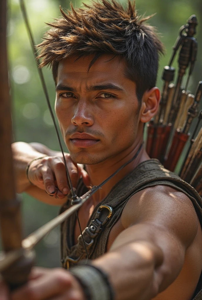 handsome boy,Black Hair,Tanned skin,Minority style,Feather ornament,Stars background,Amazon Natives,(Dynamic poses:1.0),Stone Spear,Animal leather wristbands,primitive
