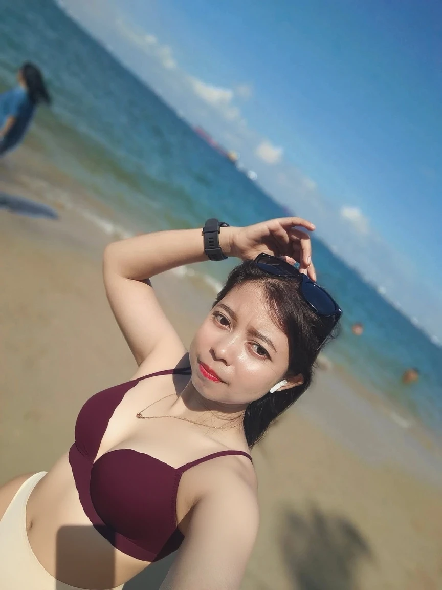 girl 21 years old, short shoulder-length pink hair, pink hair, bikini outfit, black bikini. Take a selfi