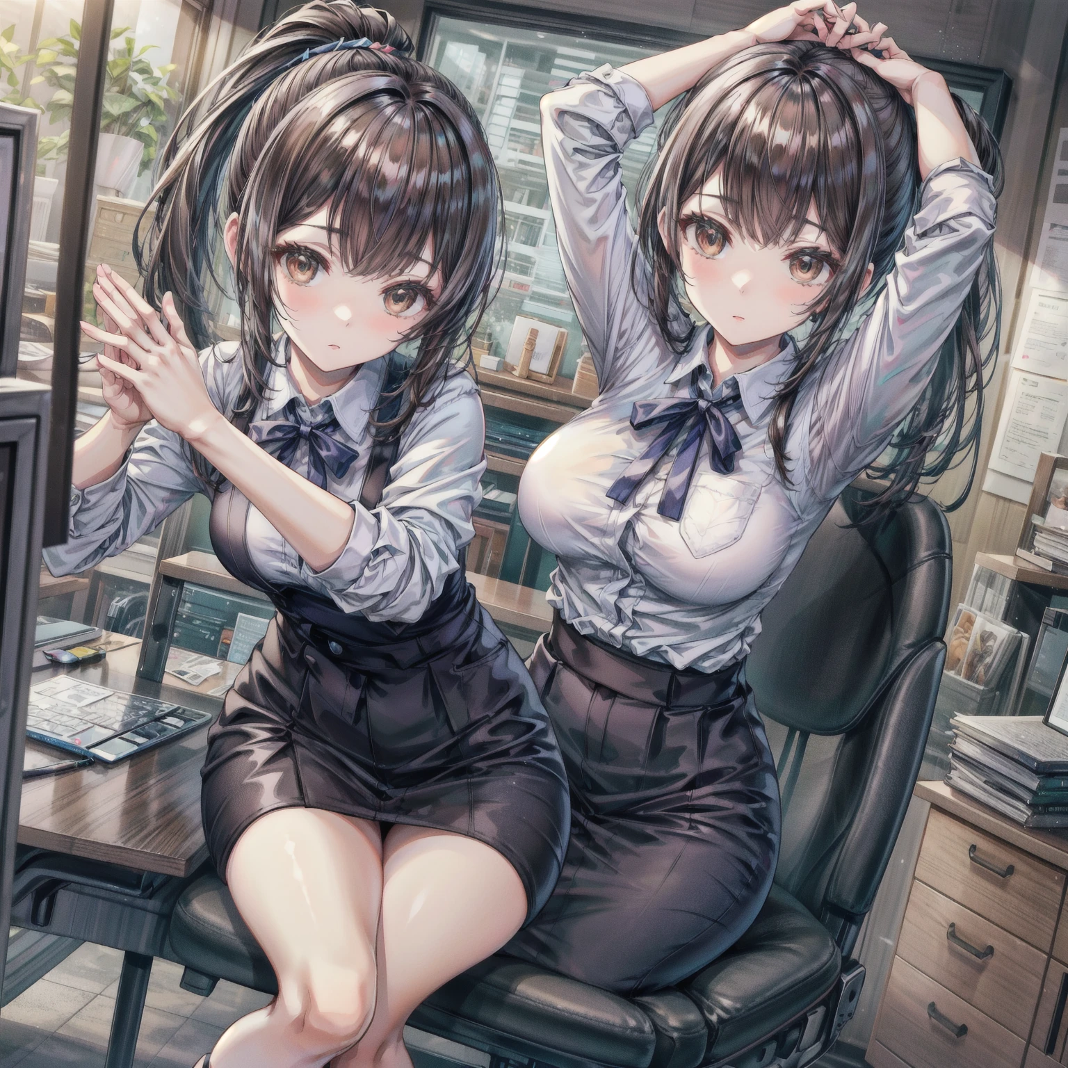 One Girl,Lower Bodyを上げる、 alone, ((White shirt)), Black knee socks, With pride, Cleavage,Black panties,Show off your panties to your audience,Spread your legs wide,脚をSpread your legs,I can see your pants,Spread your legs and show me your panties,Her shirt was turned up、Bra is visible,Spread your legs,Black bra,Big Ass,Big Breasts,Low - Angle,Chair下からのアングル,Black pantyhose、 Cowboy Shot,uniform, officeの背景, Black Skirt, Pleated skirt, Very short skirt,pantyhose,office,E Cup, Look at the viewers, alone, Thighs ((masterpiece)), sit, Chair, desk work, Computer on the desk, Name tag, ID Tag, in house, blush, Sexy pose、Lower Body