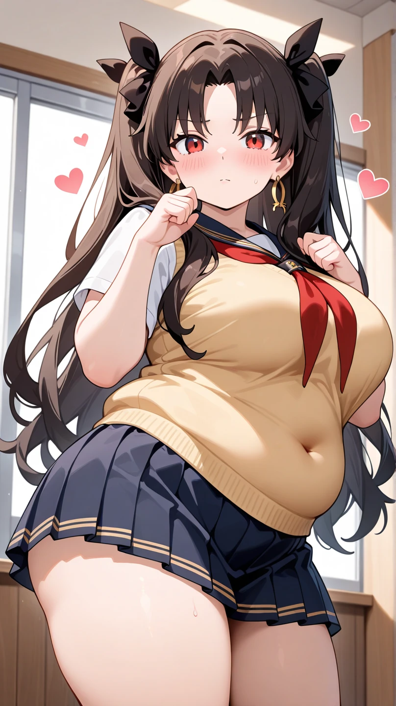 ((highres)), Masterpiece, high quality, best quality, beautiful, perfect lighting, detailed face, ultra cute face, looking at viewer, (((1girl))), (((solo))), long hair, fluffy hair, brown hair, ponytail, green eyes, ((blush)), white tank top, short red pleated skirt, thigh highs, chocker, large breasts, cleavage, perky breasts, (wide hips), (thick thighs), chubby belly, standing, fast food restaurant, arms behind back,