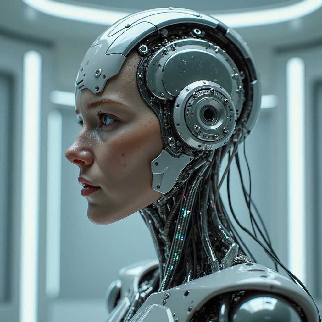 UHD, 4k, ultra detailed, cinematic, a photograph of  <lora:Cinematic M3GAN style v1:0.8>
Cinematic M3GAN a robot with a bald head and arms in a room suspended on a machine, perfect image, perfect body, perfect anatomy, sharp image, detailed image, Kodak film, high quality photography, M3GAN style, solo, looking at viewer, grey eyes, portrait, robot, science fiction, straight-on, android, cable, bald, mechanical parts, wire, cyberpunk, tube, upper body, blurry, joints, cyborg, staring, epic, beautiful lighting, inpsiring