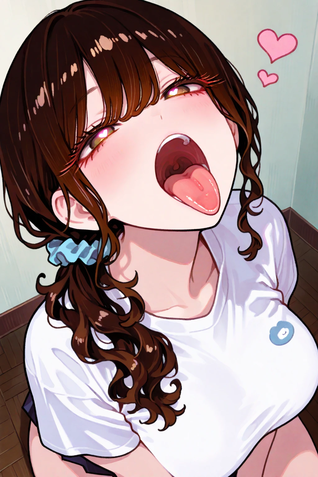 {Highest quality], [Super beautiful], [Ultra fine], [Best illustration], NSFW, girl,Brown Hair,With bangs,semi-long,Hime cut,Big Breasts,nude, Blowjob, Sticking out tongue, male, penis,Semen, 大量ejaculation,In the mouth, ,Semen on face,Deepthroat,Forced blowjob,