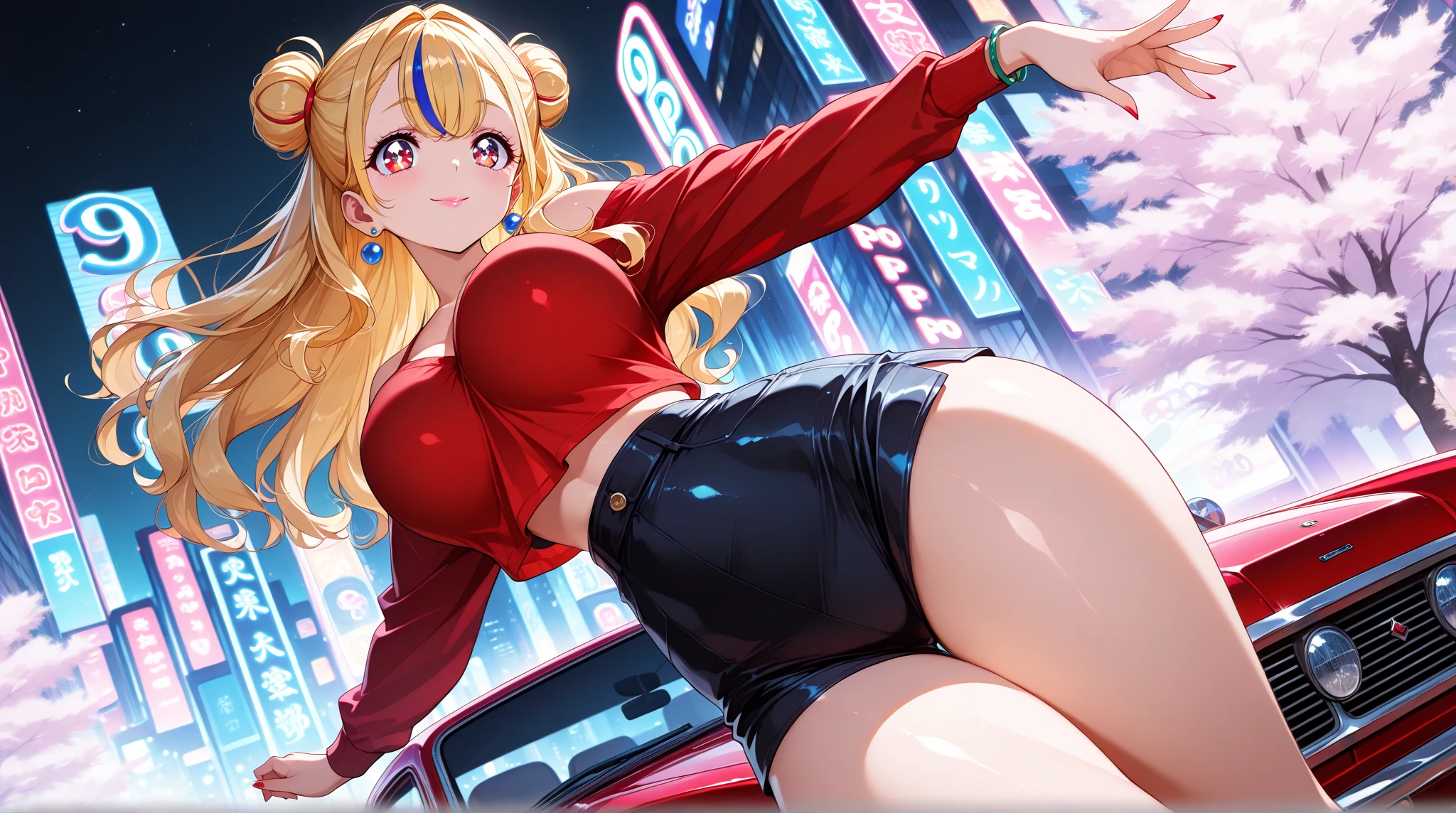 Woman standing on a balcony overlooking the city at night, Cute girl anime visuals, Beautiful Anime girl, Beautiful Anime portrait, Beautiful Anime artwork, Beautiful Anime art, Attractive anime girl, Smooth anime CG art, Beautiful Anime, Real life anime girls, Beautiful Anime woman, Beautiful Anime art style, Beautiful Anime high school girl, Beautiful fantasy anime、Camel Toe、Giant tit、Nipple Puffs、Cleavage、Plump、Super big breasts、Super big butt、下に広がるamusement parkの風景、amusement park、Under the stars, moon and fireworks