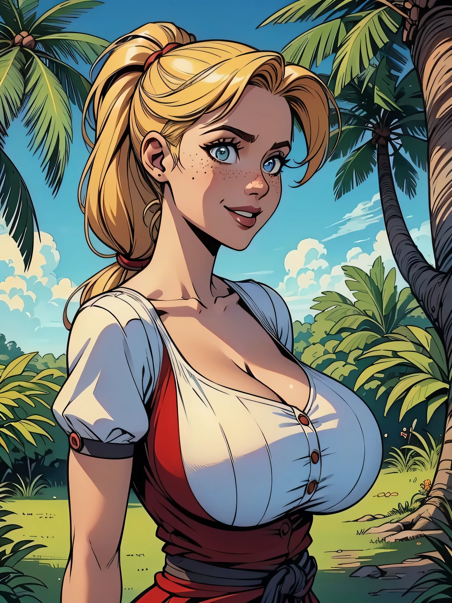 (Masterpiece, Best Quality, perfect anatomy, nice hands:1.2, 1girl:1.2, 独奏:1.3, cartoony), 独奏, alyonushka, Smile, lips, red headband, parody, blush stickers, freckles, Sunlight, diffraction spikes, large breasts, thights, Long hair, blue eyes, blonde hair, Jewelry, Dress, blue skies, green grass, big breastes