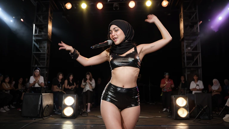 ((jsoo)), (bpkjsoo), 8k, best quality, masterpiece:1.2), (realistic, photo-realistic:1.37),best quality,masterpiece, performing on a concert, pink microphone on hand, wearing sexy swimsuit, wearing hijab