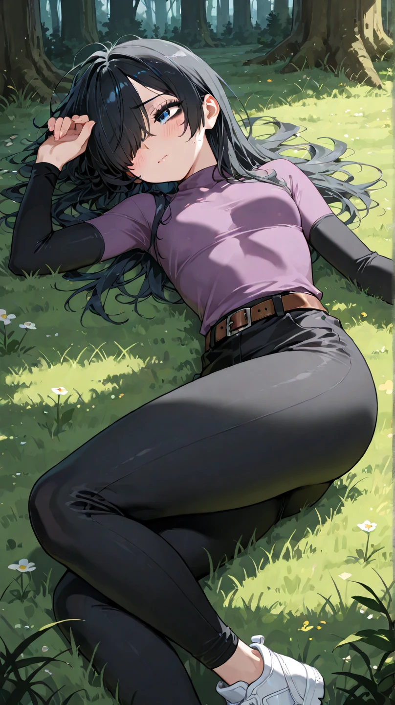 score_9, score_8_up, score_7_up, score_6_up, score_5_up, score_4_up, source_anime, 1girl,sleep,lush breasts,to lie, black hair,long hair, white eyes, w-w-chain, spread arms, messy hair, black shirt,pants,thigh high boots,green boots,heels,legs crossed,dark dungeon, best quality, best res, 4K UHD,