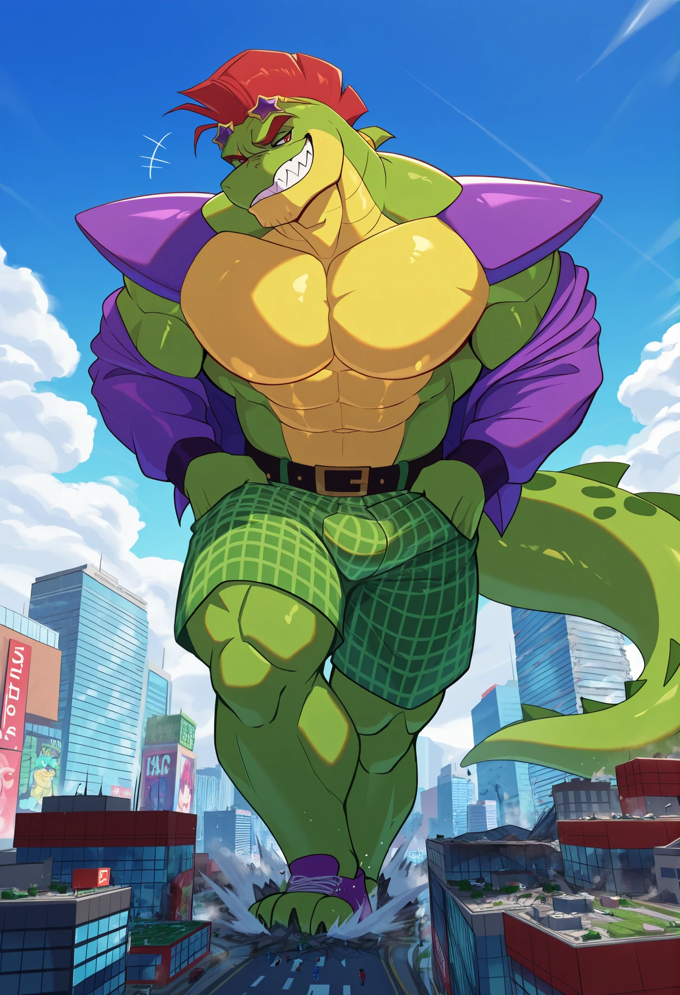 Protogen, (white fur with some green strands of fur) , city, happy, male, 8 foot 0, standing, looking at viewer, muscular, (big ass), back view, ass bursting out of green underwear, green glowing balls, bending over, white ass, ????, cum, macro