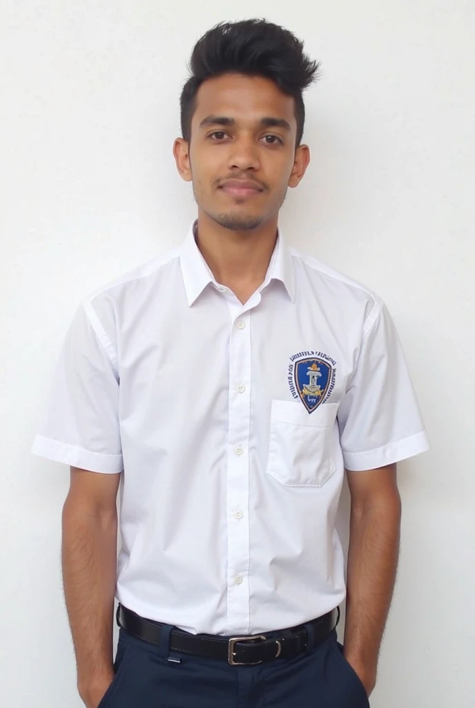 A indian boy in light sandal colour shirt and dark navy blue colour pant with left side Unique Associates and Consultant logo navy blue colour, looking formal and professional 