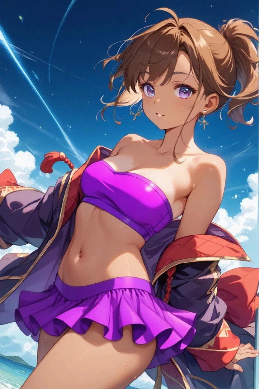 Happy, 8k, super detail, super detail, textured skin, anatomically correct, 8k,love live!, Nishikino maki,(beautiful detailed purple eyes), (best quality), (ultra-detailed), (masterpiece), solo, (dynamic pose), 1 girl, wavy medium hair , shiny skin., big eyes, anime, ( lips:0.6), (blue crop top painted with stars), white harem pants,bracelet, jewelry, veil, curvy body