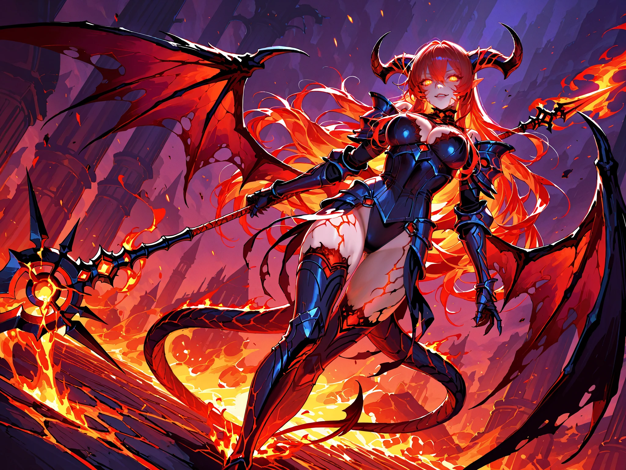 Gils ultra detailed dark wizards as Satan on the throne of hell., Devil, sexy red dress, demon wings, cabello rubio y long. blue eyes. demon horn, Realistic and detailed eyes, Context of hell chaos and destruction., Evil queen, looking directly at the camera, smiling with satisfaction, long, black nails, Shaded illustration of a high quality cell in hell., whole body, dynamic installation, perfect anatomy, centered, freedom, alma, Approach to perfection, 8k , dramatic cinematic atmosphere, watercolor painting, global illumination, Detailed and intricate environment, art station, conceptual art, soft and sharp focus, volumetric lighting, cinematic lighting