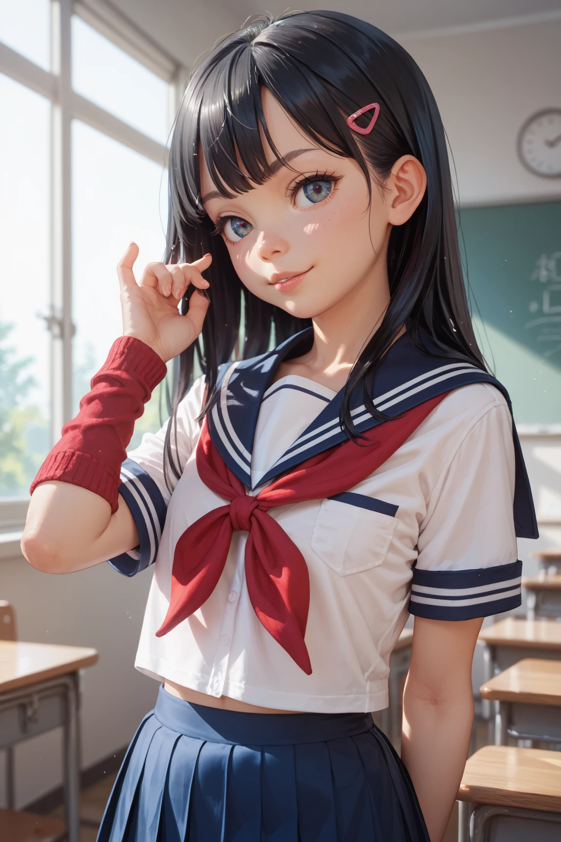 score_9, score_8_up, score_7_up,  19 year old girl, Very strong style of tim burton, oil painting, back leaning against lockers, posing for a selfie from above, detailed eyes, twin-tails tied with ribbons, black hair, detailed eyes, school uniform, adorable pose,,