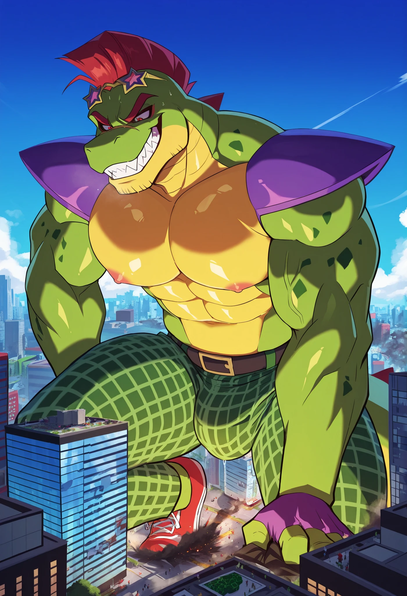 Safe_pos, masterpiece, best quality, amazing quality, 1boy, solo, anthro, all1gat0r, M0ntg0mery g4t0r, red eyes, evil laught, undressing, (macro in miniscule city:1.3), causing destruction