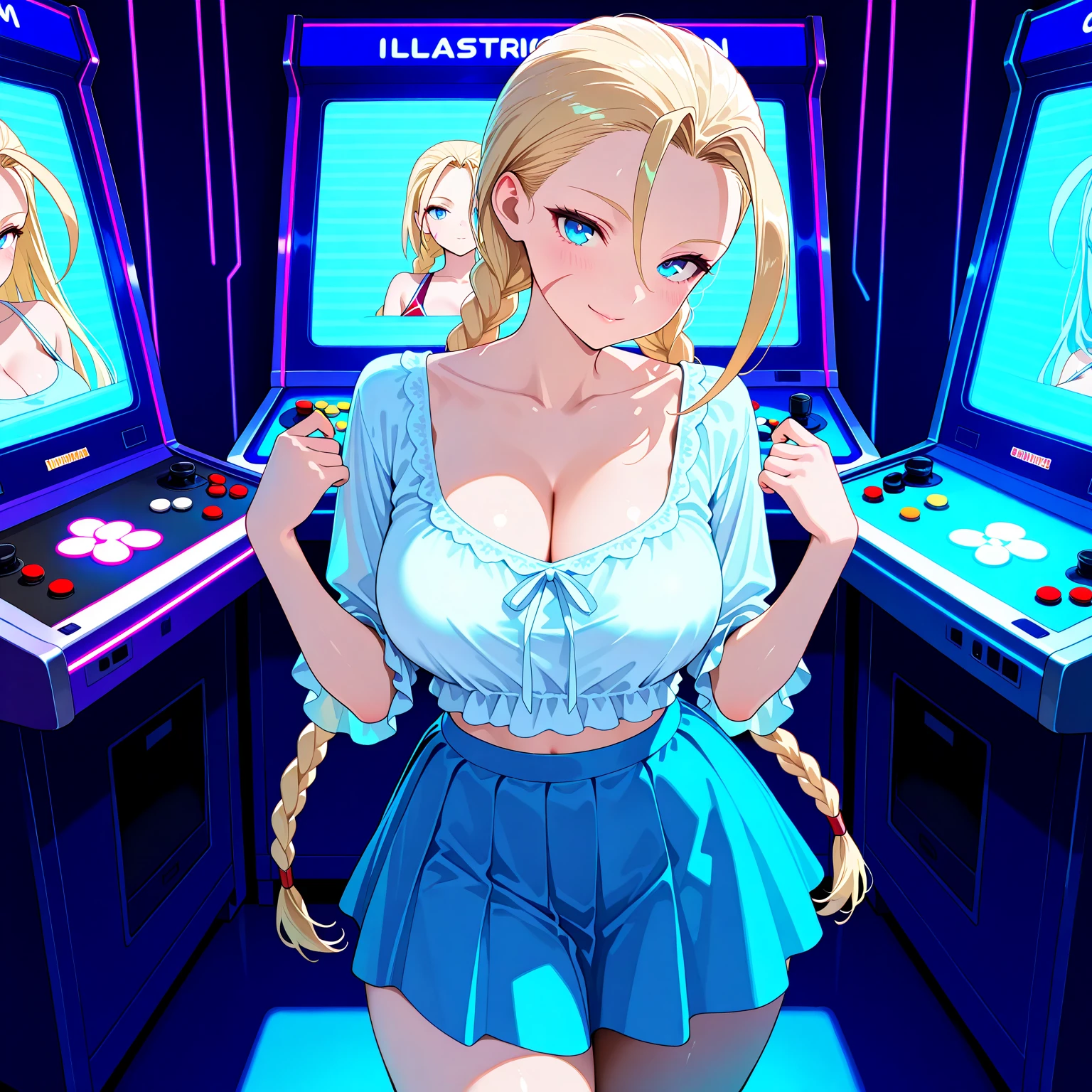 mixed_art style, Cleavage, sweaty, big breasts, Game girl, pixelated, inside a game, arcade, colorful pixelated clothes, square sword