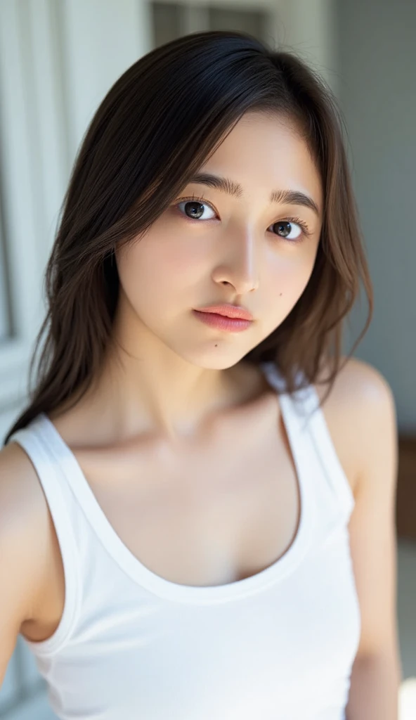 Look into the eyes,　Eye contact,　Front of face,　Front face,　head,　Upper Body,　Cross-legged,　indoor,　Brown Hair,　bangs,　Light clothing,　Tank top,　Sweaty,　Sweaty,　clavicle,　Cross-legged,　Light from below
