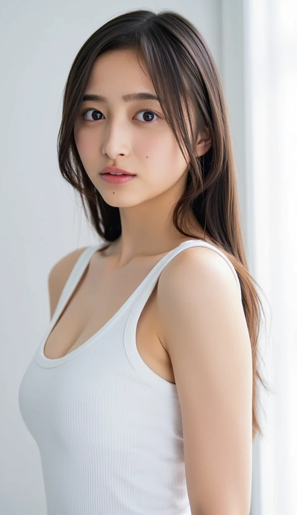 masterpiece, highest quality, 8k, 20th generation, Big Breasts, cute, alone, sad, cute, Girlish,cute 繊細な女の子, cute、Pure beauty, RAW Photos, Professional photography, Portraiture, Soft Light, Professional Lighting, Backlight, avert your eyes, Sophisticated, Film Grain, (Eye and facial details:1.0), Round face、Floating Hair, beautiful, Flowing hair, Asymmetrical bangs、(Big Breasts:1.0)、White cut and sew、pastel cardigan、Micro Mini Skirt、Voluptuous thighs、dolly make、Heterochromia iridis、Midsummer sky、Cumulonimbuidsummer Beach