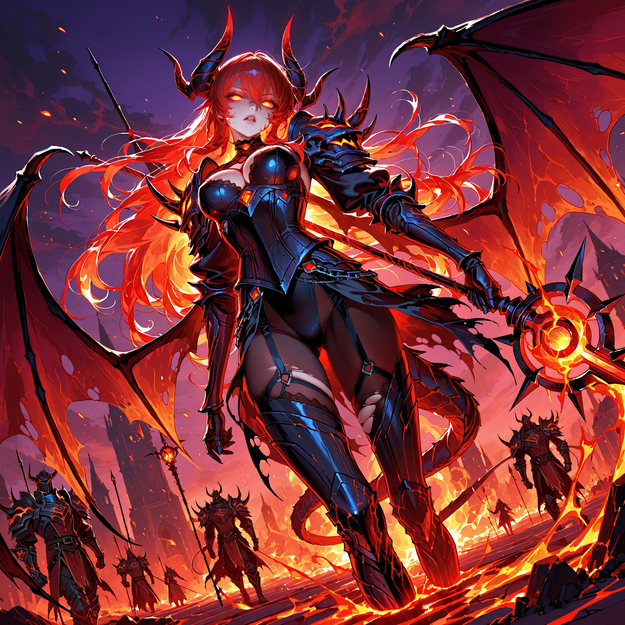 (Demon woman), mature, very angry face, long fangs, diamond face, demon tail, wings, strong shadows, (neon light), neon, naked, detailed face, (aggressor), detailed abs, gray eyes, pose war, long claws, (Masterpiece), Direct light, illuminate, strong jaw, red hair, large, (demonic queen), (lewd armor), thick thighs, long torso, wide waist, skinny torso, adapt, face perfect, (tiny armor), (vibrant and colorful light), futuristic