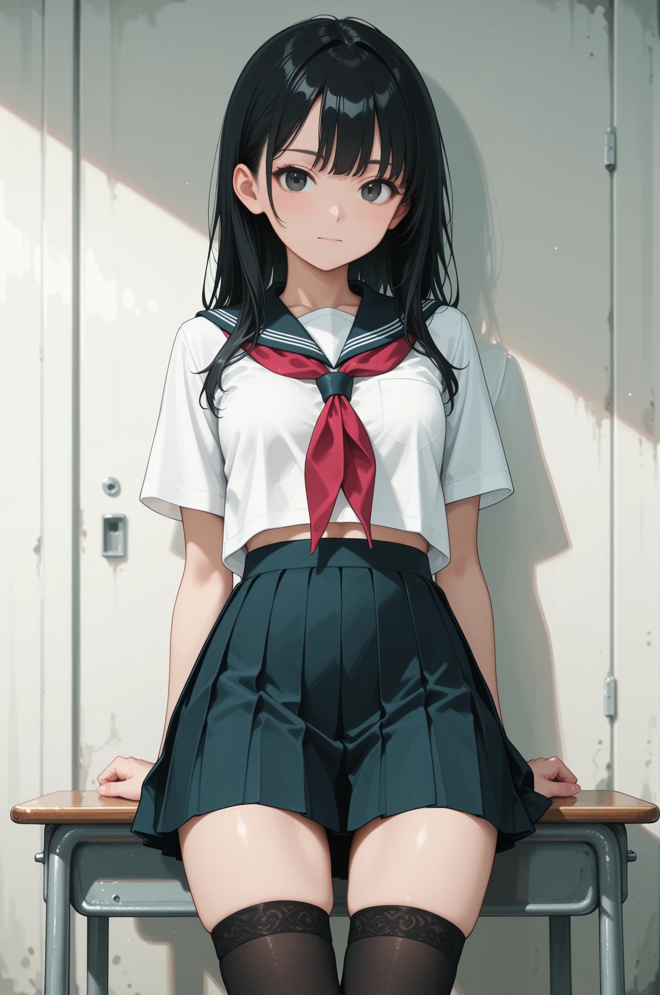 (masterpiece:1.4),(detailed:1.4),(illustration:1.4)),(High resolution:1.5),(tall slender proportion),((1 woman:1.5)),(Solo 21 years old),(Anime Style:1.4),(Gwaites style artwork),(whole body),(Close ~ eyes),(cloud brown big eyes),(She shook her high ponytail black middle hair:1.4),(We say,Pointed nose),(Pointy medium breasted butt,The body is slim),(deep detailed eyes),(Composition from the front),((standing1.5)),((:o 1.5)),((pubic hair:1.5)),((fashion magazine:1.5)),((sophisticated young gravure idol:1.5)),((light bule polka dot bra panties:1.2)),((cowboy shot:1.4)),simple background,((Panty shot:1.5)),((skirt lift:1.5)),((hand orn hip:1.4)),((school uniform:1.5))