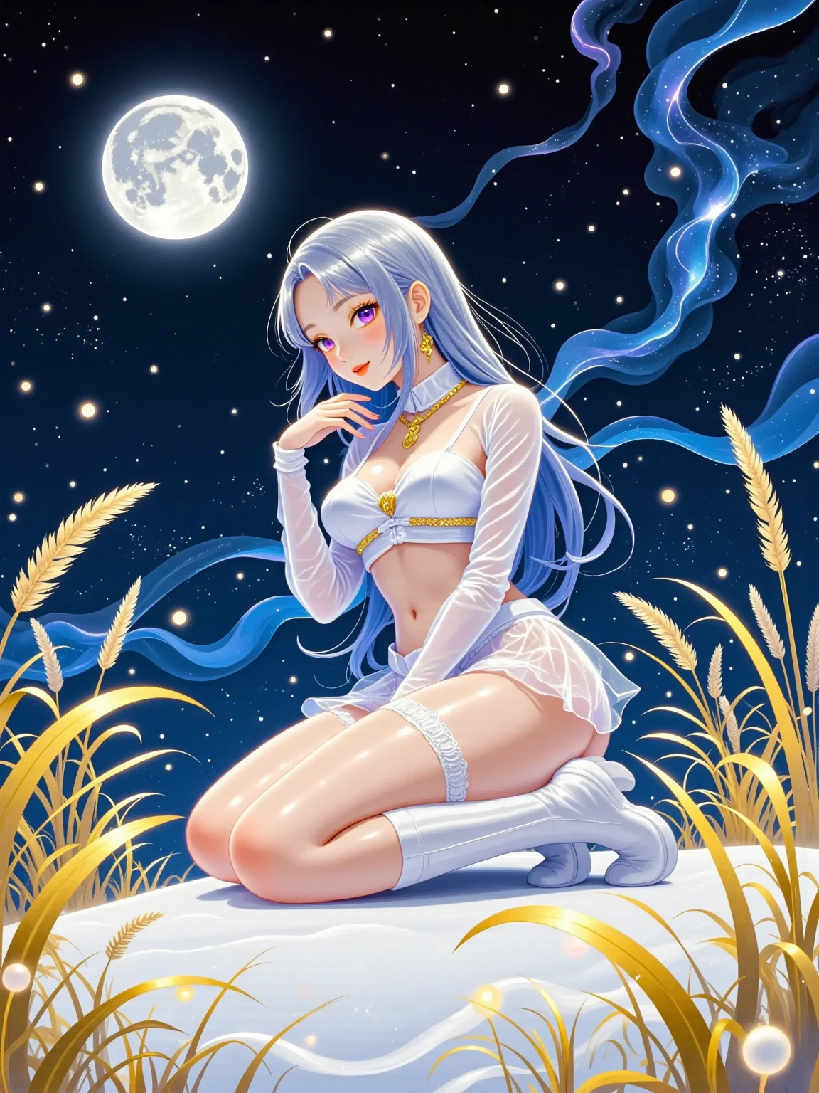 a beautiful 20 year old blonde woman with big messy hair, laying on a fluffy cloud in the sky, fluffy clouds cover her nude body, full body, with glowing moon and twinkling stars, with a small cityscape below, fantasy art style, rossdraws cartoon vibrant , cute detailed digital art, colorfull digital fantasy art, digital fantasy art ), glossy digital painting, rossdraws pastel vibrant, rossdraws 2. 5, rossdraws 1. 0