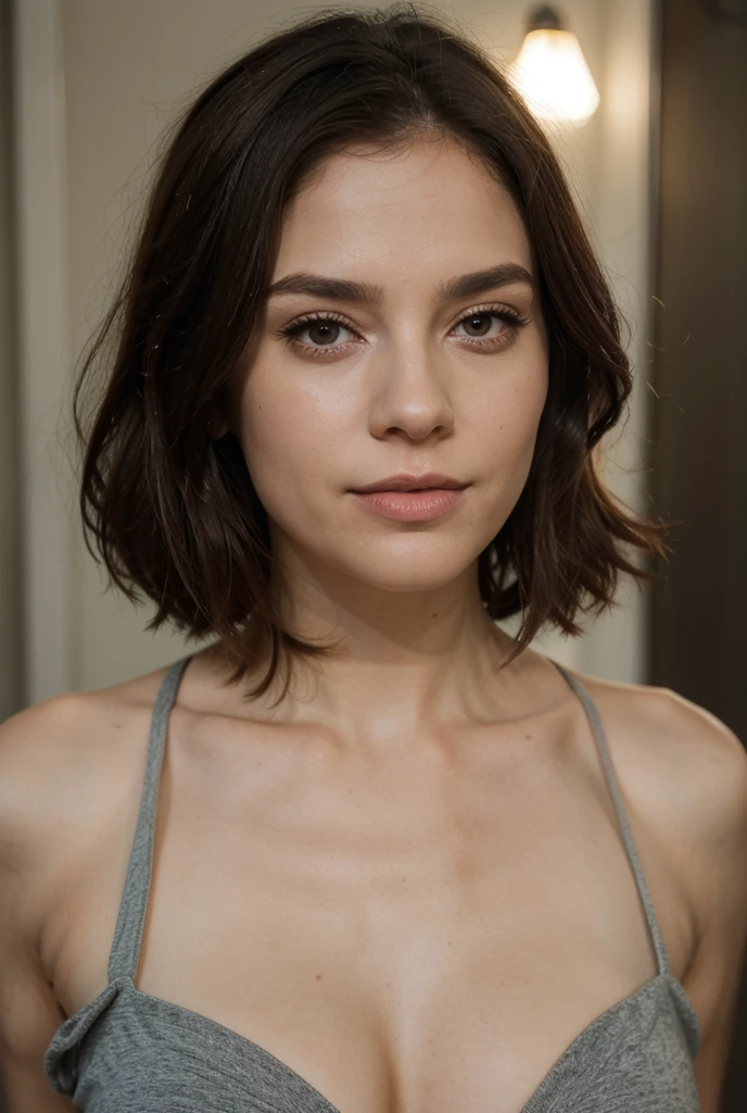 RAW UHD portrait photo of a 17-year-old brunette, looking to her right, short hair, perfect supermodel face, bright blue eyes with a high level of detail, thin nose, naked breast, extremely busty, focus on face and breast, SLR lighting, photo reflex mono-objectif, ultra quality, re sharpness, Filmkorn (Milieu), Fujifilm XT3, Limpide, Rahmenmitte, Detailed skin pores,