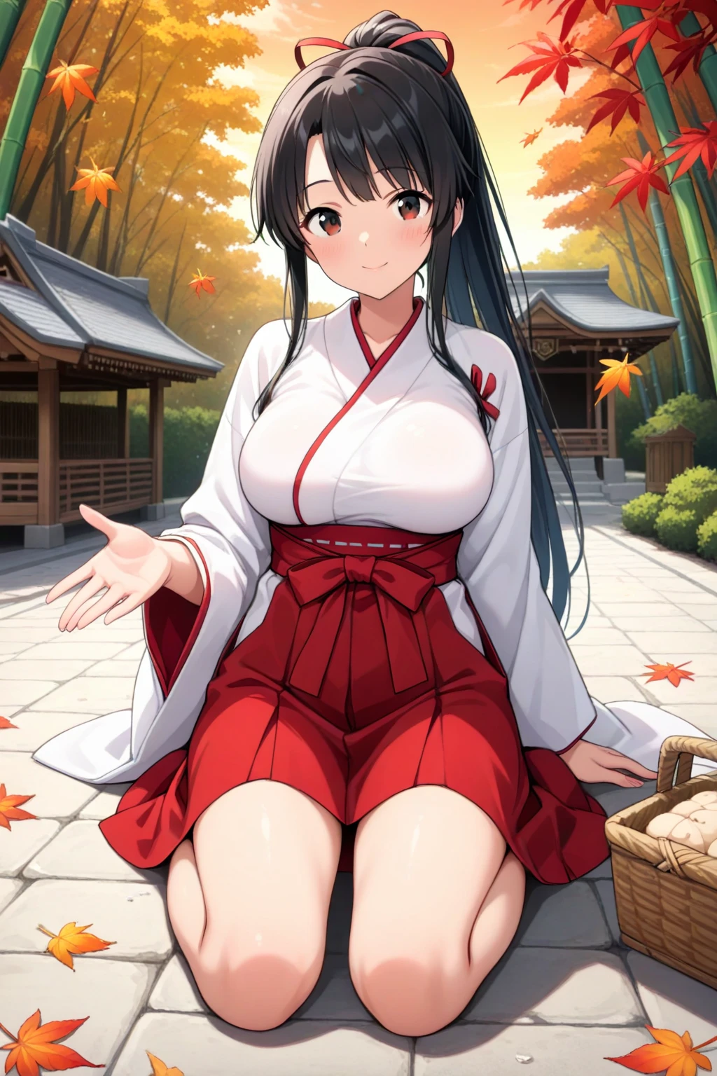 (Fox Girl, Fox Ears, Black colored hair, Fox Makeup, One Girl, Long Hair:1.6), (kimono, Kimono with open chest, A beautiful kimono with red and black patterns, I can see her cleavage, Open chest, Exposed skin:1.8), (Body measurements are 75-60-75!, Young girl body, Small breasts, Small breasts, Emphasize the chest, Knees are slightly visible, Muscular, Abdominal muscles, Hide your own chest with your hands:1.9), Avatar, face, lewd face, Dominant representation, naughty face, Uplifting, Skin Texture, outside, Grassy field
