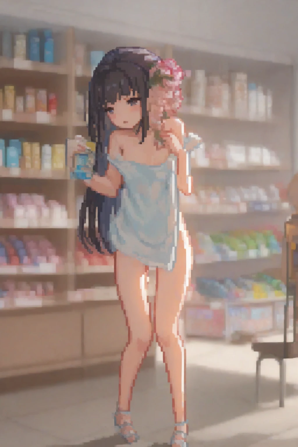 Highest quality,masterpiece,clear,pubic hair,nude,Black Hair,Black hair color,Nipples,adult video shop,Photoshoot,Pussy