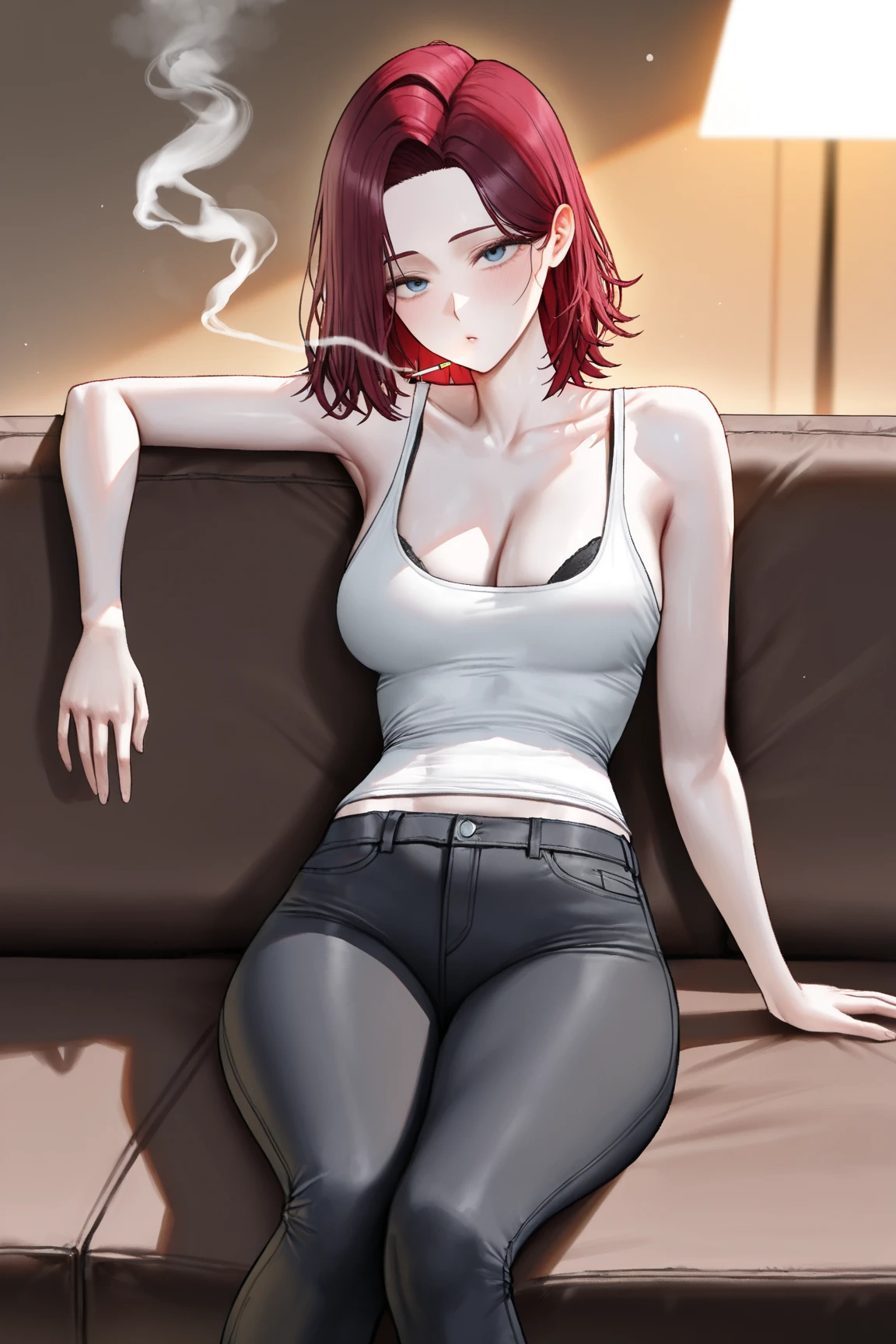 nsfw, high resolution,high quality,masterpiece,1 woman,orange hair,short hair,bob cut,hair pin,brown eyes,((sharp eyes)),pointy ears,(smoking ciggarettes),dark skin,large breasts,(white tank top),navel,((open black leather jacket)),bare sholder,blue damaged denim pants,black boots,pendant,sitting against wall,indian style,giggling,looking at viewer,from below,cleavage,nipple,