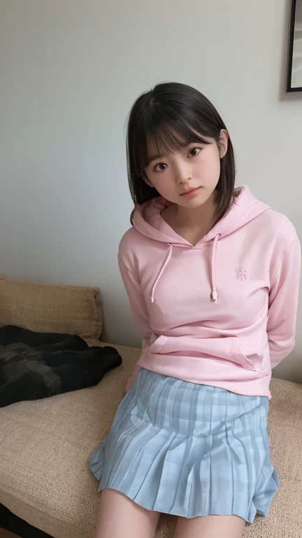 8 year old girl sitting on bed、Spread your legs、from the front、
