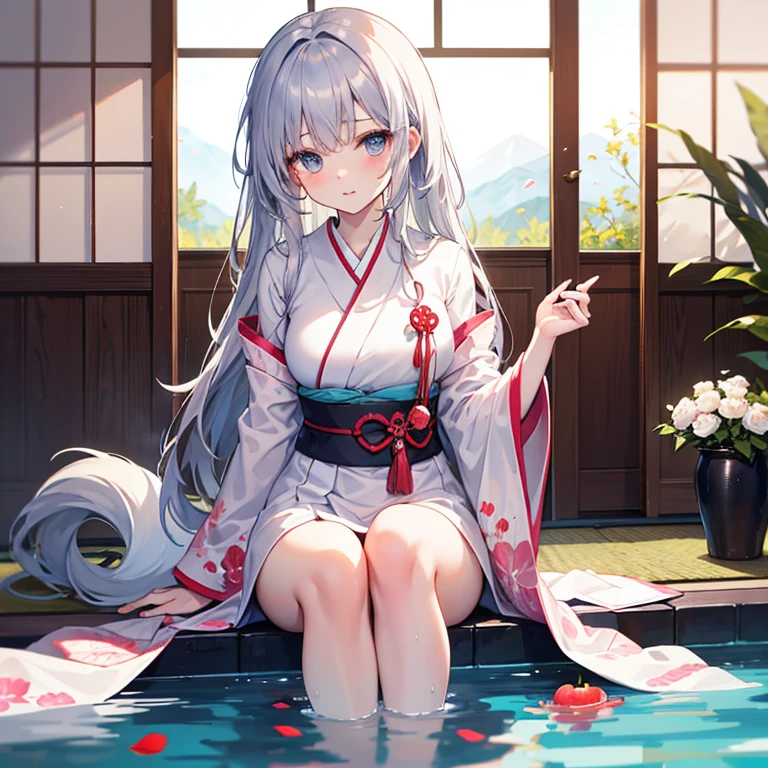 1 girl(masterpiece,top quality,best quality,official art,Beauty and aesthetics:1.2),silky smooth white hair,brown sparkling eyes,long hair,flower in hair, tall figure,enchanted,enchanting,Flushed complexion, playful expression, super gigantic breasts,Breasts larger than the head,Red and white kimono, clogs,Off the shoulders,detailed cleavage,Sitting on the stone steps by the water of a hot spring, steam over the water, thigh exposed, small orange tabby cat passing by behind her, soft hands, defined nails, white eye lashes, Cherry blossoms are in bloom, rubber duck in water.