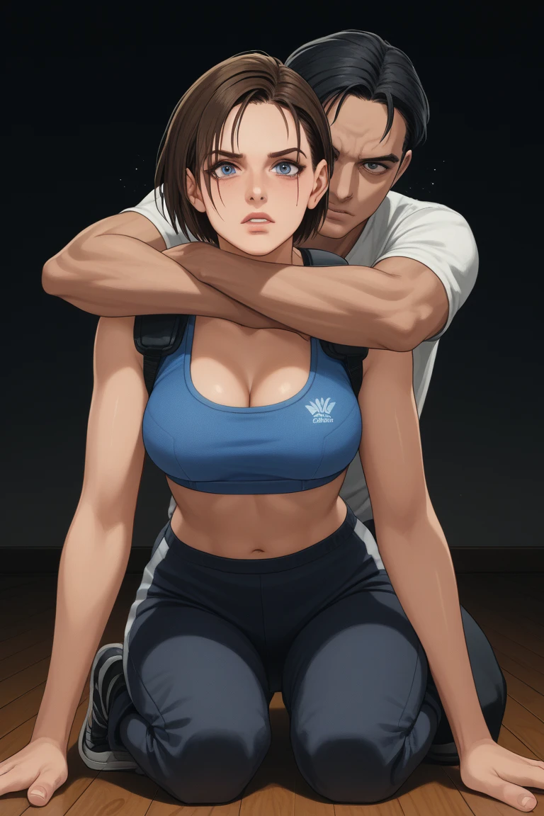 in a living room, one hand on hip, seductive smirk, medium breasts, wide hips, big ass, Ellie,standing, blushing,sweating, being groped by old man
