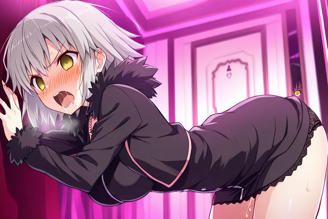 Volumetric Lighting, (best quality), (ultra-detailed), masterpiece, source_anime, score_9, score_8_up, score_7_up BREAK, illustration,detailed eyes, perfect composition, moist skin, intricate details BREAK, light depth, detailed face, detailed fingers,(masterpiece), (best quality), (ultra-detailed),masterpiece, best quality, absurdres,8K, 4k, highest quality, High resolution: 1.2),noise removal,1girl,, jeanne d'arc alter (fate),((shinjuku outfit)), short hair, ahoge, grey hair, yellow eyes, short dress, coat, fur trim, necklace, large breasts,blushing,tsundere,(sweat), ((((love hotel)))),shy,,Sitting on the bed,pussy juice stain,steam,gokkun