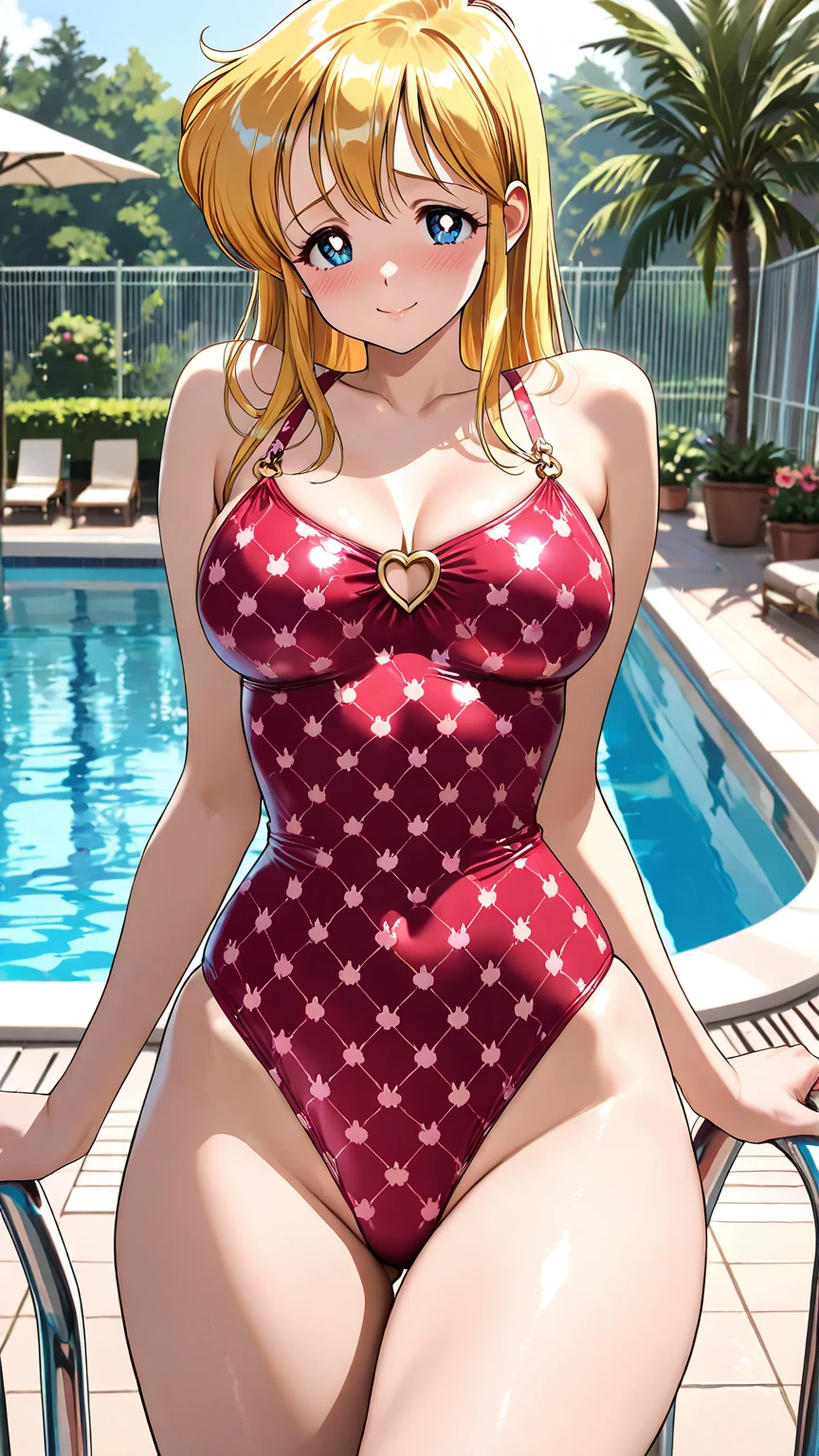 aasnsiw, masterpiece, highres, best quality, absurdres, official, (bodycon), microdress, 1girl, solo, ((blonde hair:1.2)), (agnes tachyon \(umamusume\)), red eyes, (hair over eyes), hair between eyes, skindentation, extremely wrinkled shiny clothes reflecting light, latex, skin fit, arms behind back, gleaming skin, waist cutout, bare shoulders, necklace, detached sleeves, chain (belt), (used condom), handbang, accessories, choker, short shorts, navel, glamorous perfect female proportion, captivating smile, blush, venue, (dark skin, dark-skinned female),