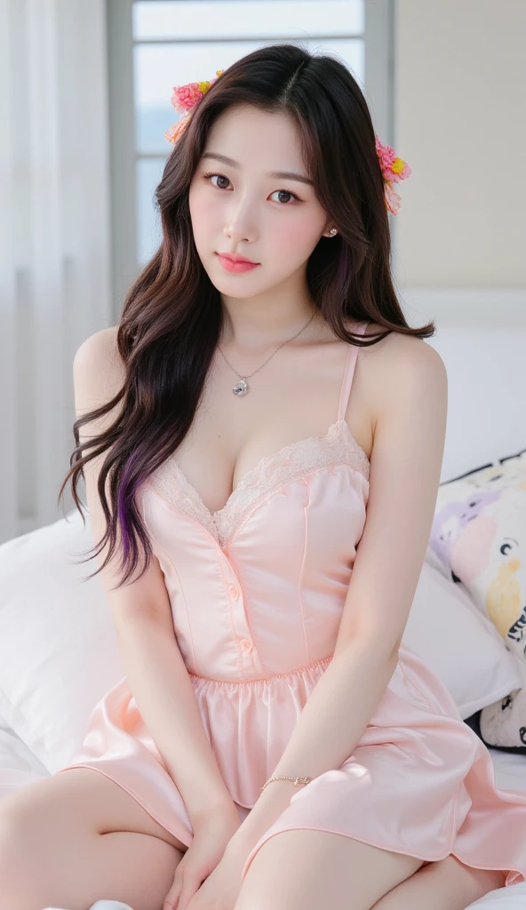 Best-quality, Masterpiece, Ultra-High-Resolution, (Photorealistic:1.4), Raw-Photo, perfect-anatomy, extremely-details, depth of field, professional-lighting, 1girl, 15-years-old, the most famous Japanese idol, at bed-room, ((wearing light-pink frilly mini-dress)), ((extremely cute face like the most popular Japanese idol, (((extremely cute and extremely big black-eyes))), extremely cute hairstyle, extremely beautiful hair, extremely cute long-eyelushes, extremely cute lips, extremely beautiful skins)), extremely childish body, extremely beautiful thighs, innocent-smile