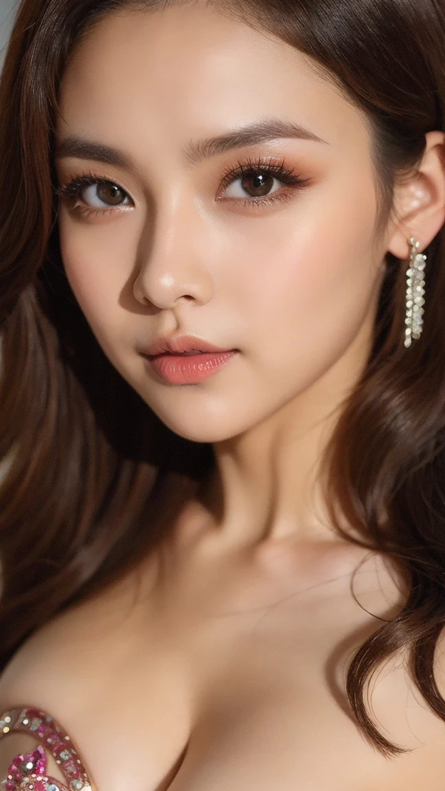 ((best quality, 8k, masterpiece: 1.3)), 1 girl, Slim Abs Beauty: 1.3, ( Casual and cute hairstyle: 1.2), : 1.1, Charming face expression of enjoyment and desire, Detailed eyes, double eyelids, With earrings, bedroom, Concert makeup, ((Medium breasts nude, cute breasts)), (Lying in bed), (The portrait was taken from above her lying body)
