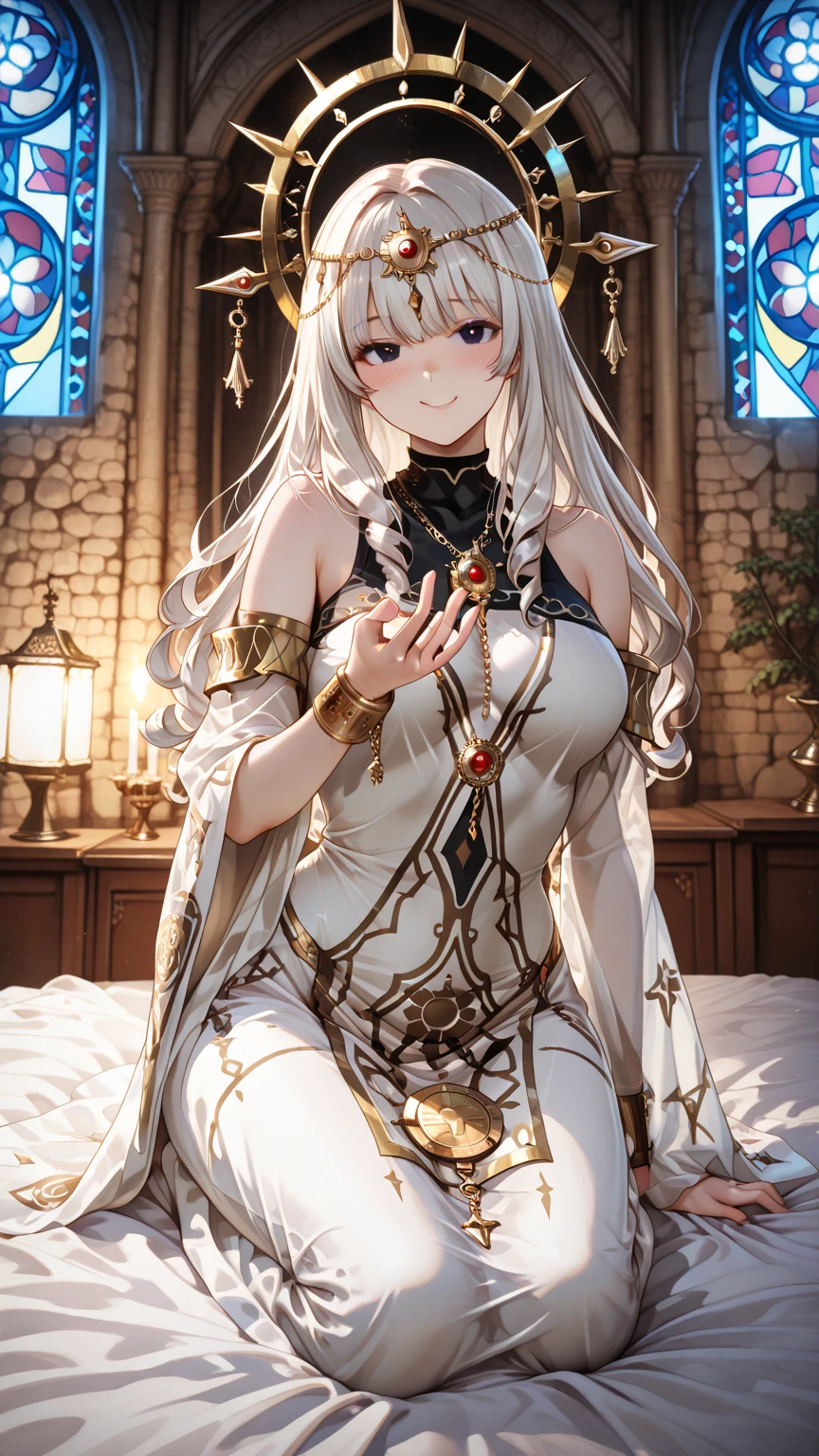 ((Sleeping in bed)),Overhead Shot,fgoAnastasia, Anastasia, blue eyes, Grey Hair, Hair between the eyes, (Hair on one eye:1.5), Long Hair, bangs,Exposed shoulders,Beautiful eyes like jewels,
break blue Cape, brown hair band, Cape, dress, Fur trim, hair band, Royal Robes, sash, tachi-e, white dress, Wide sleeves,
break looking at viewer,
break indoors,
break (masterpiece:1.2), Highest quality, High resolution, unity 8k wallpaper, (figure:0.8), (Beautiful attention to detail:1.6), Highly detailed face, Perfect lighting, Highly detailed CG, (Perfect hands, Perfect ???????),