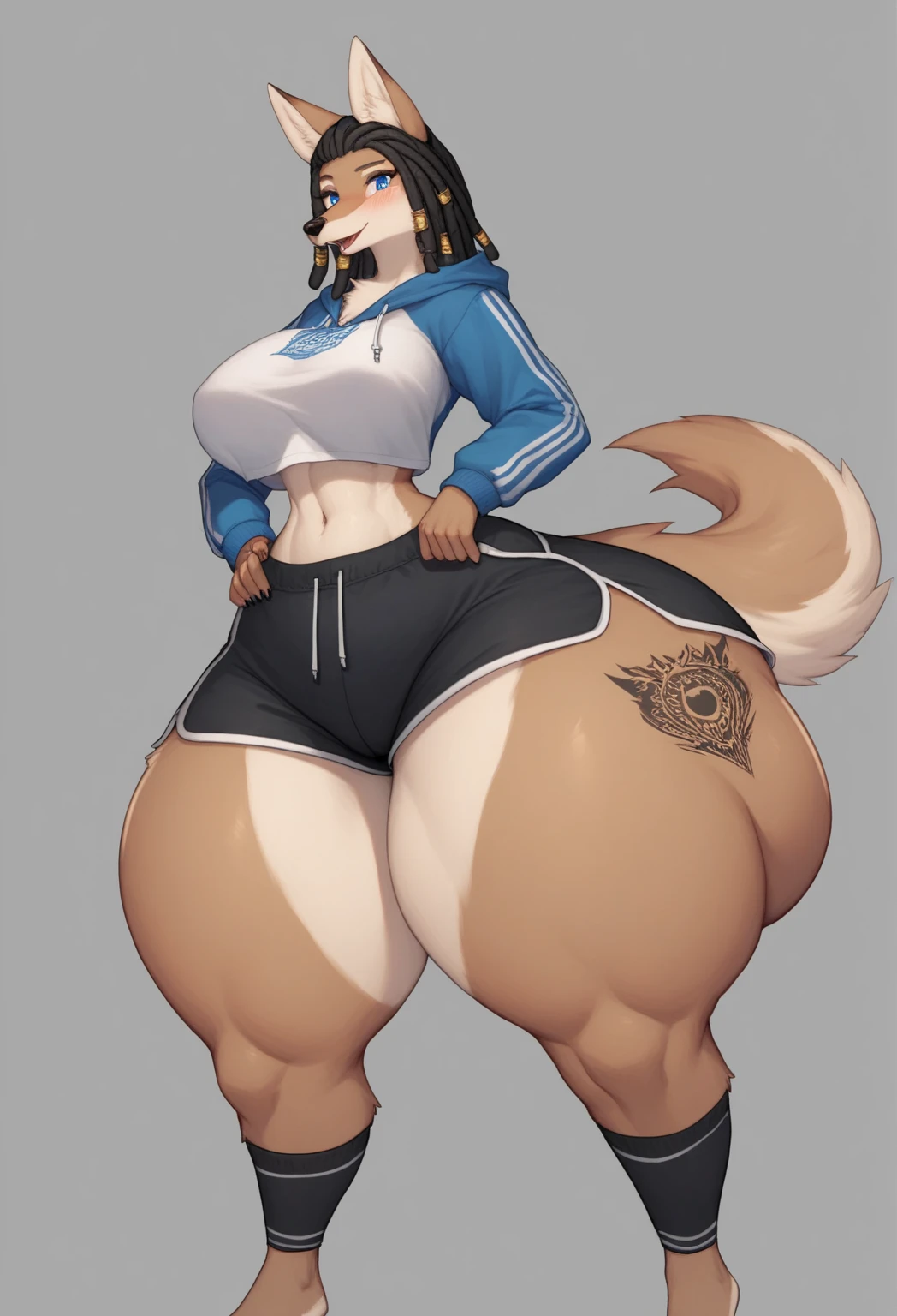 young girl, brown hair pigtails, wearing a black and white skunk body suit, gigantic ass under costume, skunk tail, emberassed face, Gigantic skunk ass, Gigantic butthole under costume, farting on audience while standing on stage